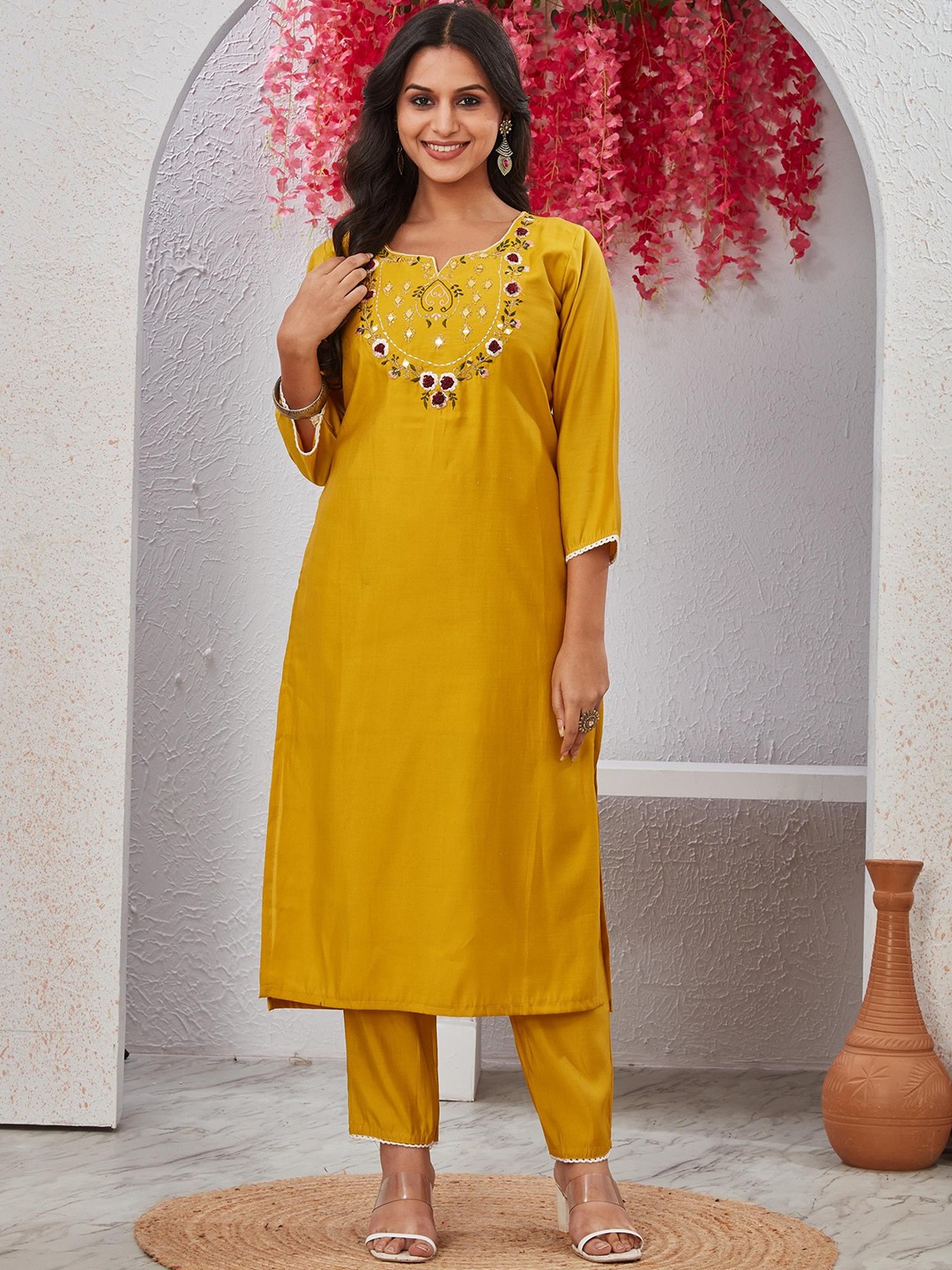 

ZIRVI Floral Embroidered Round Neck Straight Kurta With Trouser, Yellow