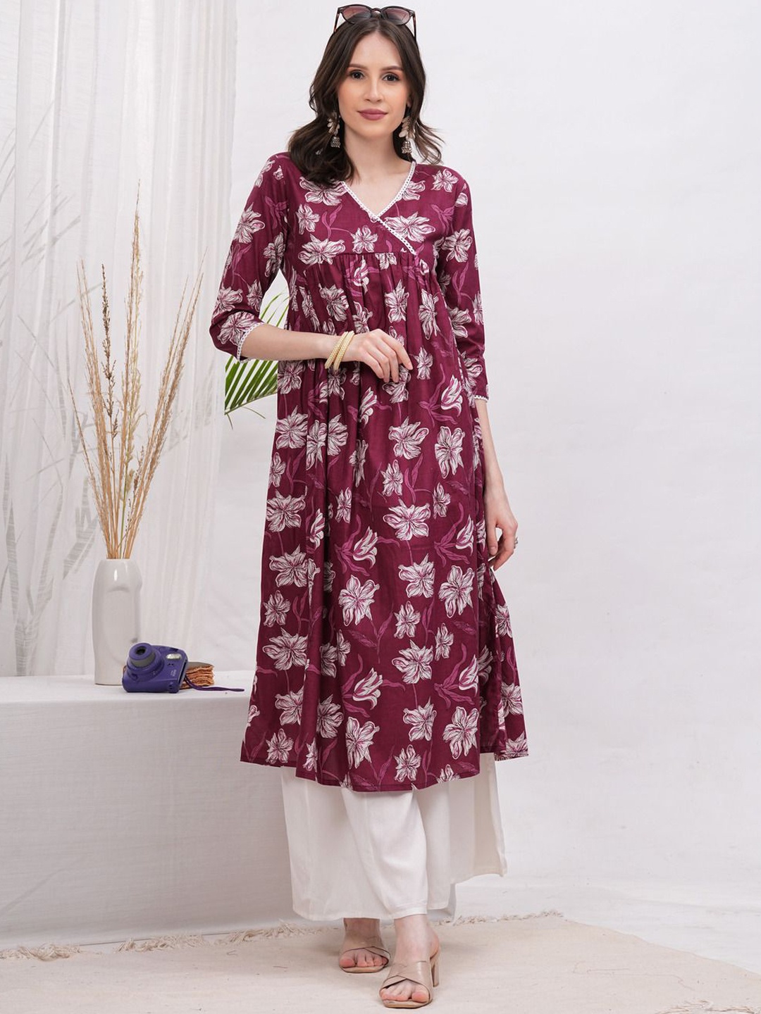 

Vilgi Maroon Floral Printed Angrakha Pure Cotton Kurta with Palazzos