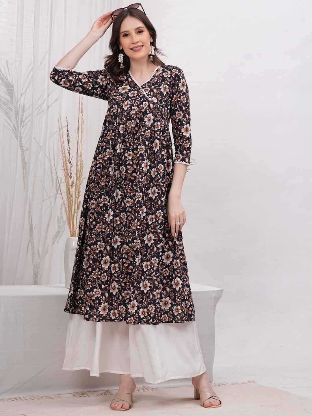 

Vilgi Floral Printed V-Neck Angrakha Pure Cotton Anarkali Kurta With Palazzo, Black