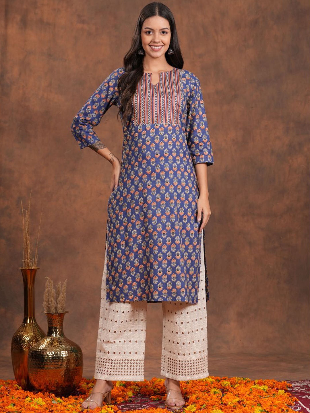 Vilgi Floral Printed Notch Neck Pure Cotton Straight Kurta, Blue