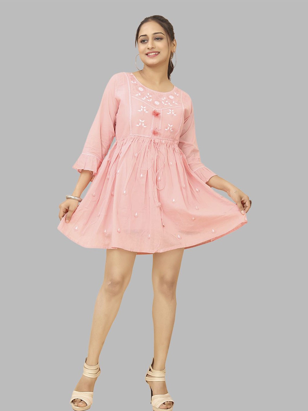 

Krimmple Women Embroidered Cotton Fit and Flare Dress, Peach
