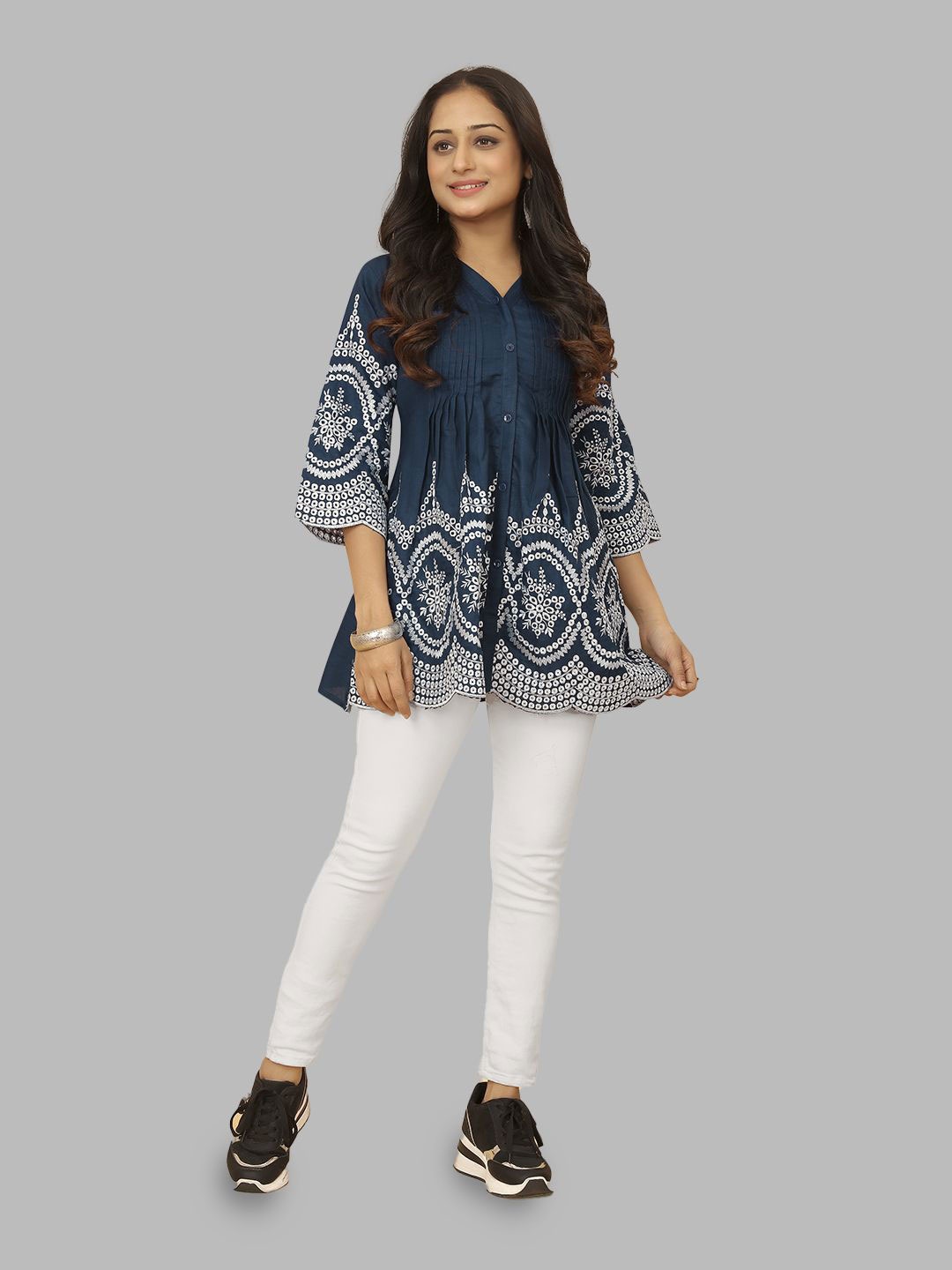 

Krimmple Women Mandarin Collar Embroidered Cotton Tunic, Blue