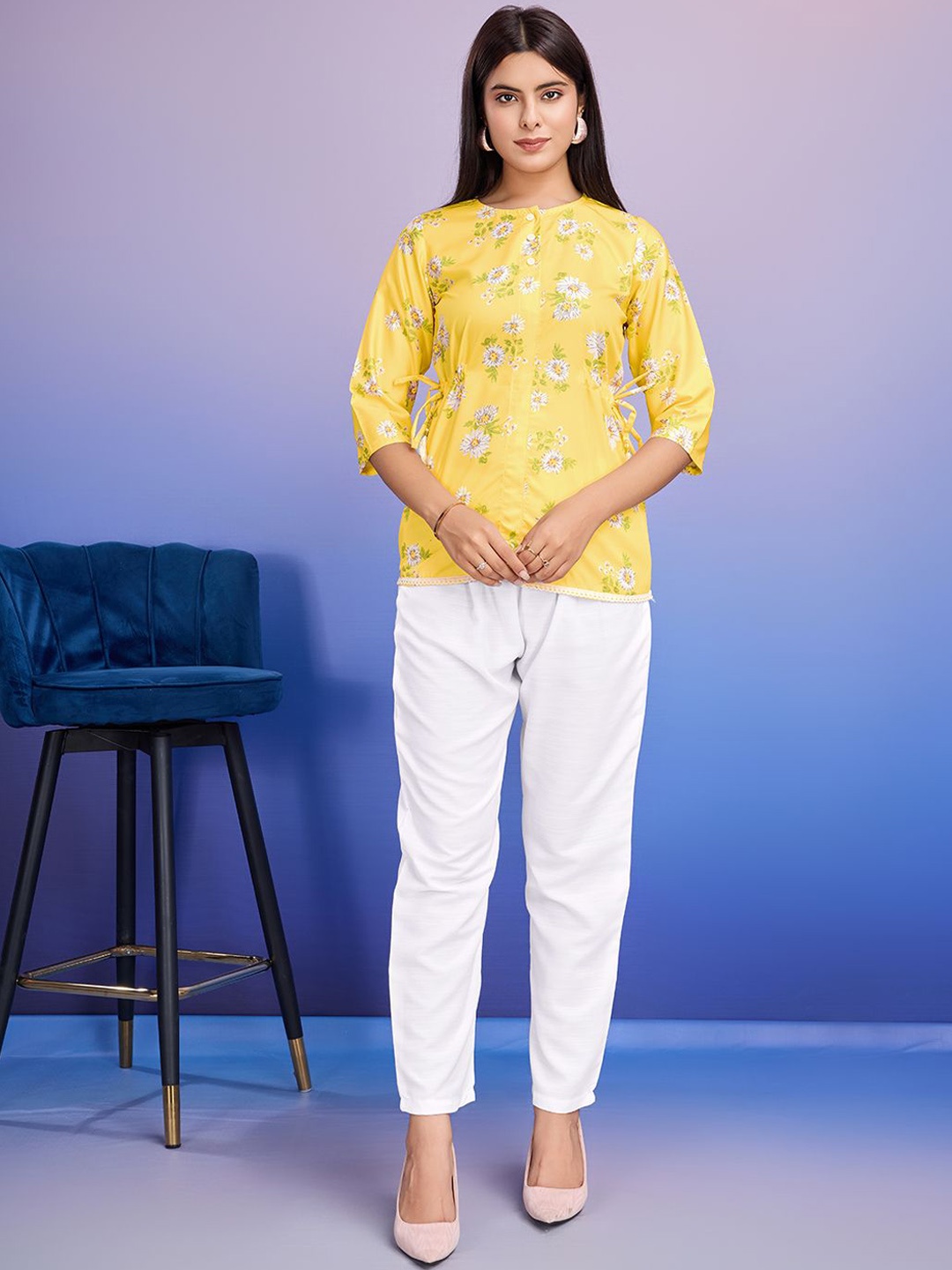 

KALINI Floral Printed Boat Neck Top with Trousers, Yellow