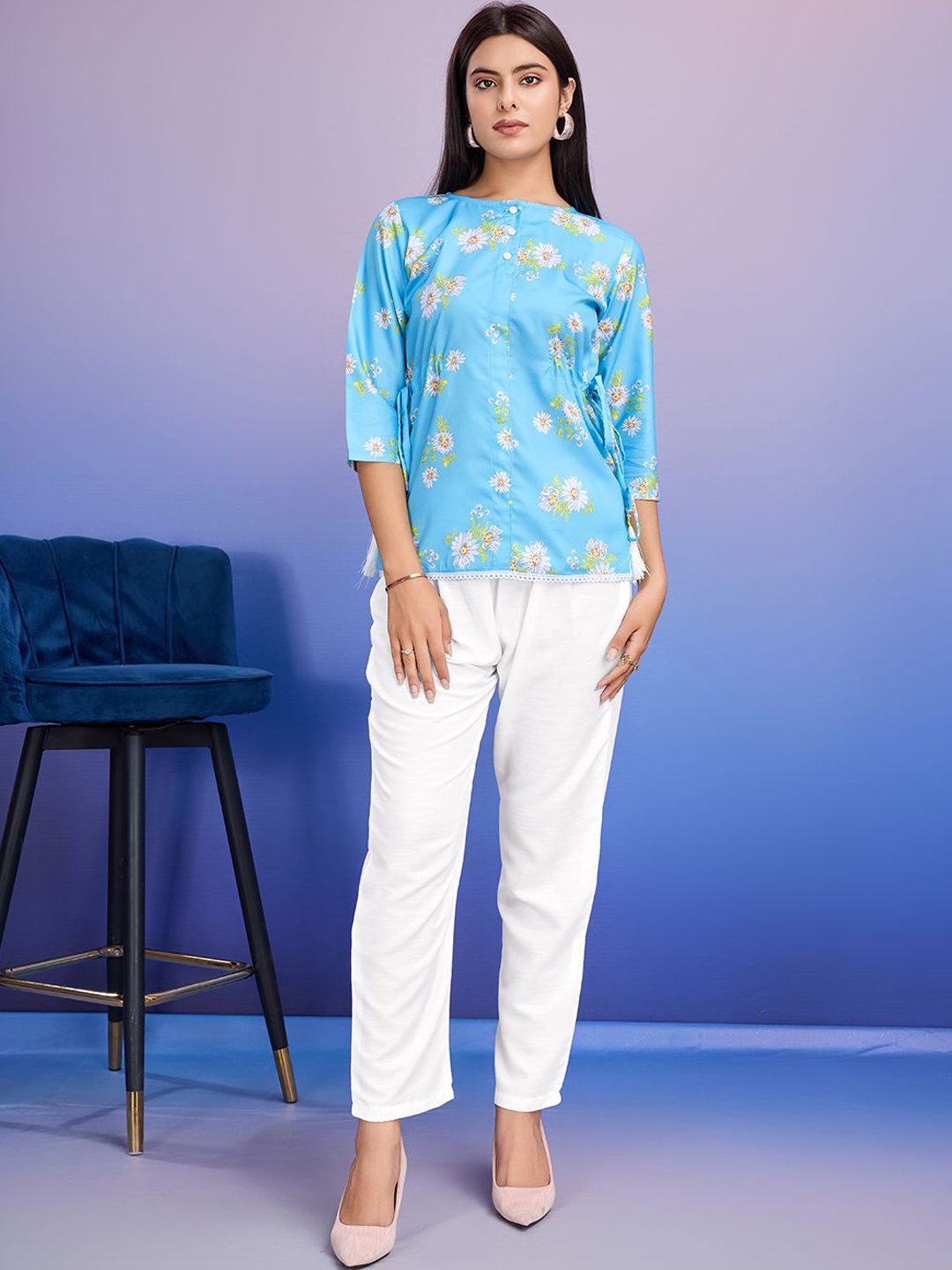 

KALINI Floral Printed Boat Neck Top with Trousers, Blue