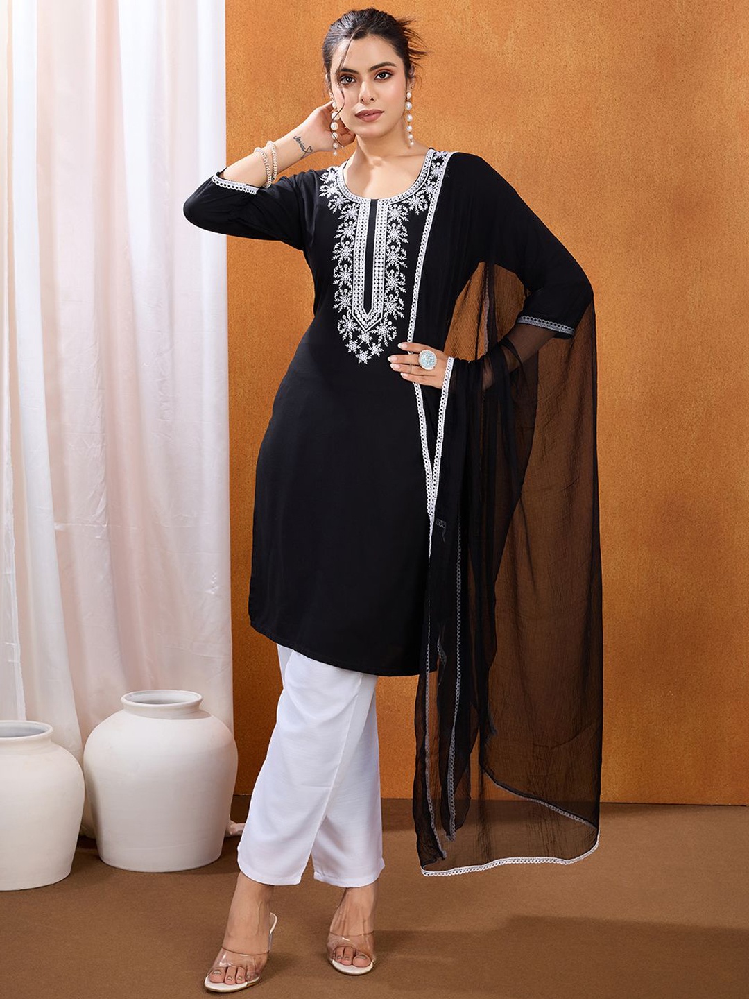 

KALINI Mitera Floral Embroidered Thread Work Kurta With Trousers And Dupatta, Black