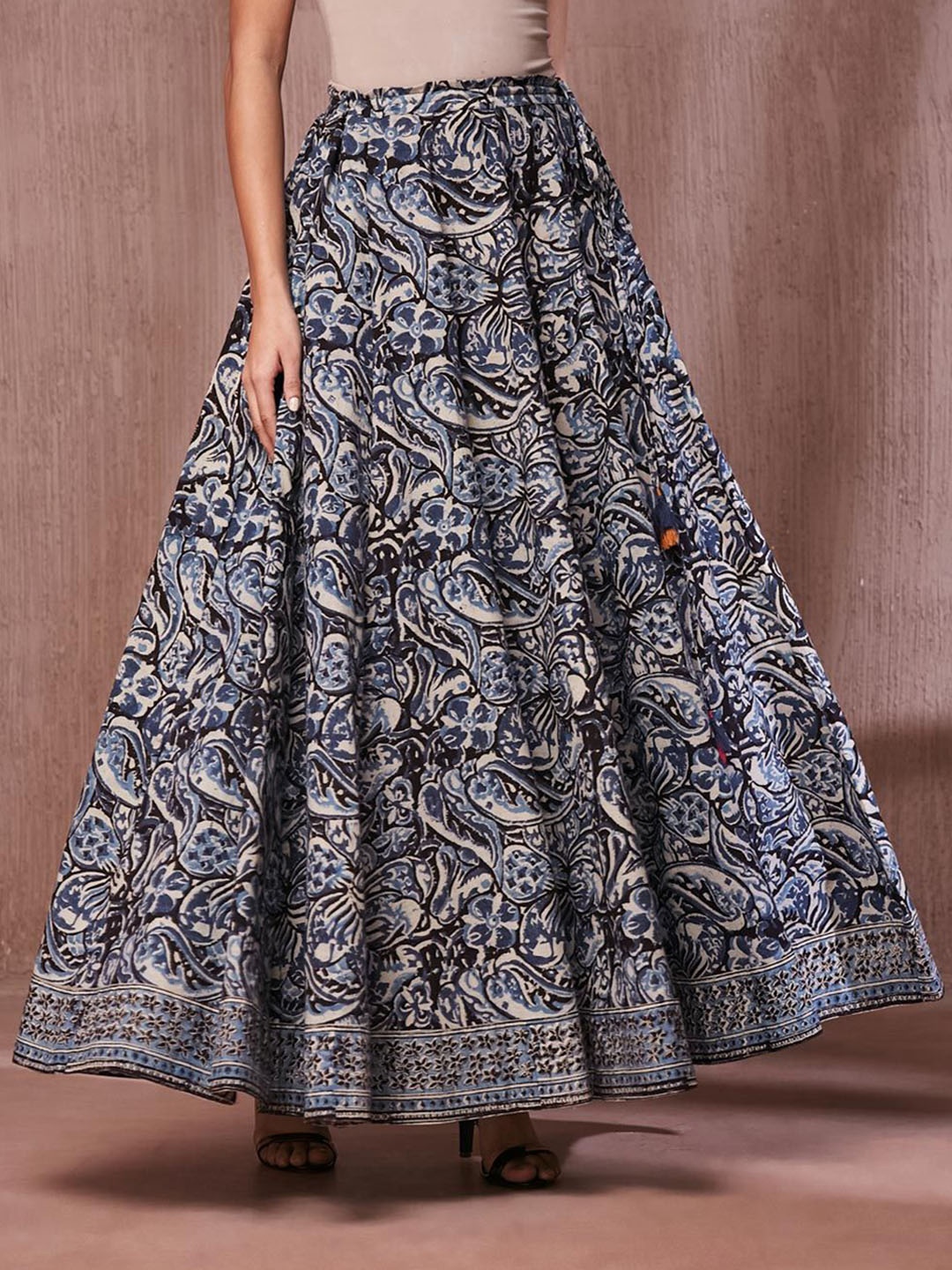 

Fabindia Women Cotton Kalamkari Printed Ghera Flared Maxi Skirt, Blue
