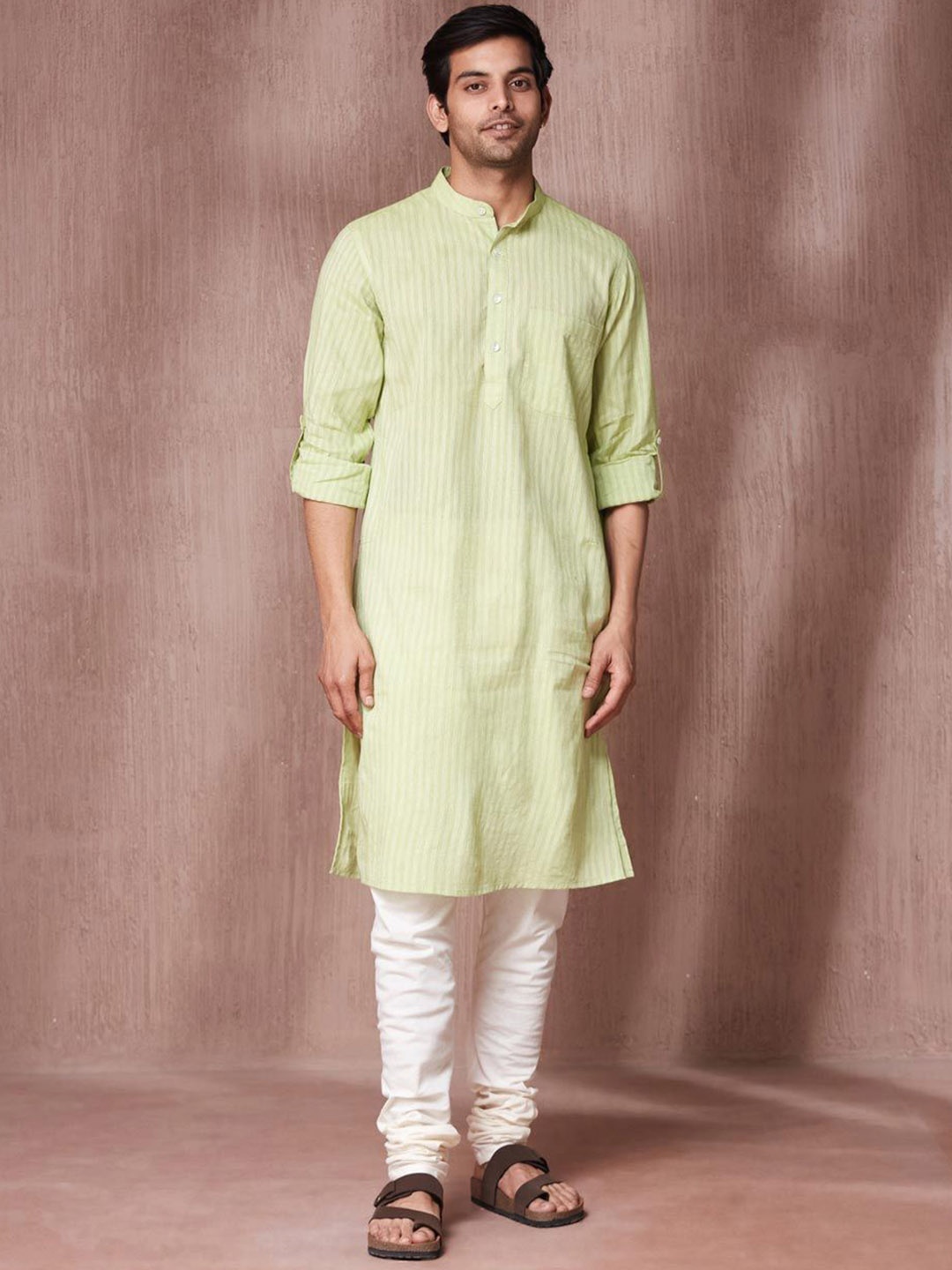 

Fabindia Striped Mandarin Collar Cotton Slim Fit Straight Kurta, Green