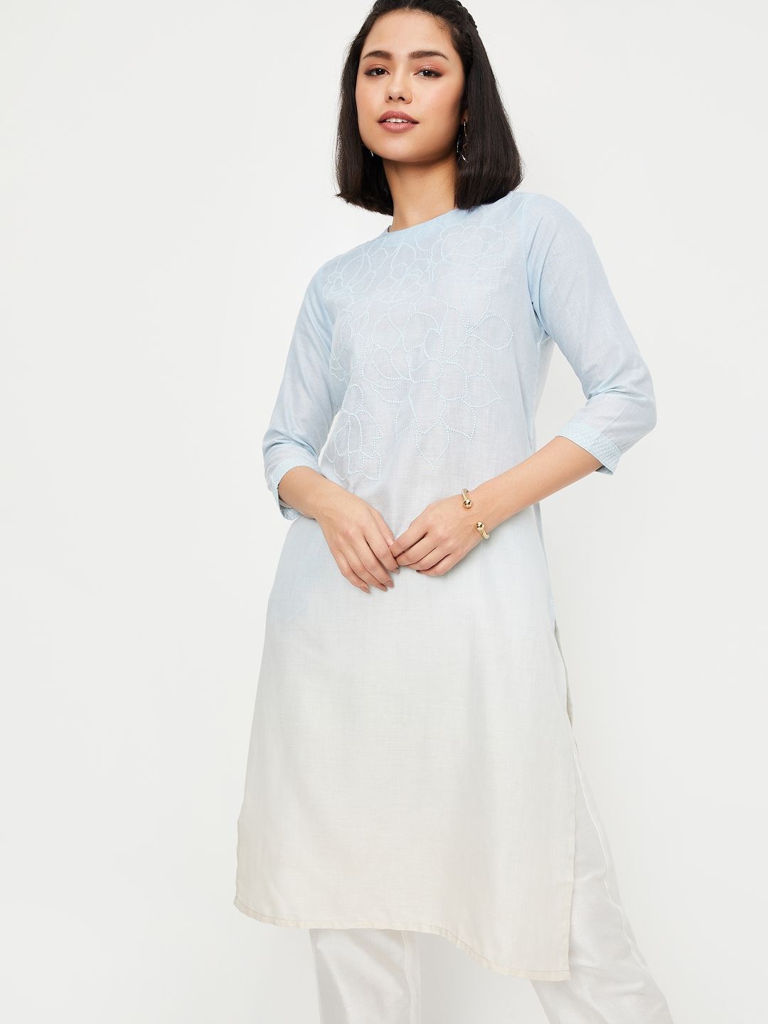 

max Floral Embroidered Round Neck Ombre Straight Kurta, Blue