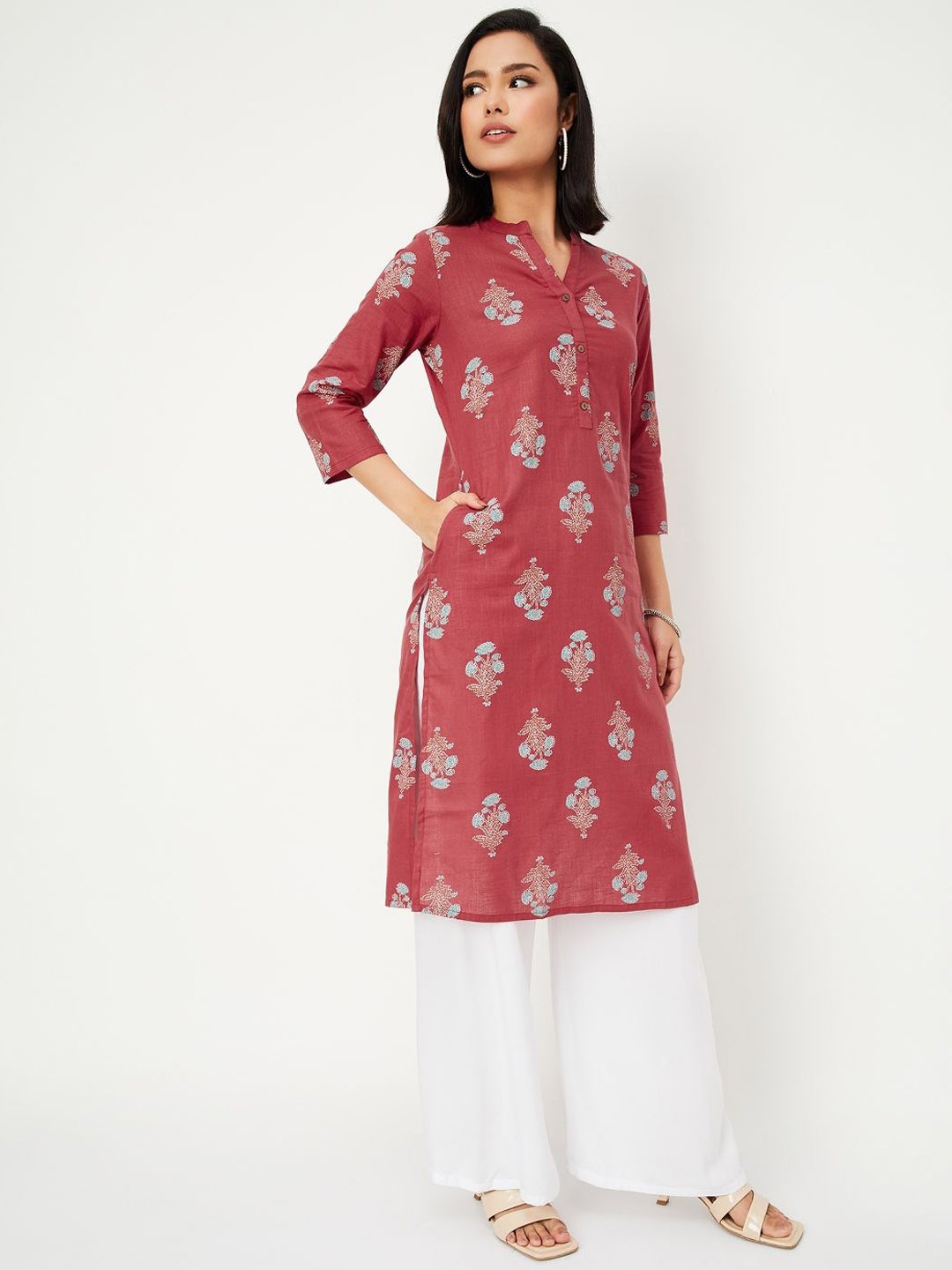 

max Floral Printed Mandarin Collar Straight Kurta, Rust