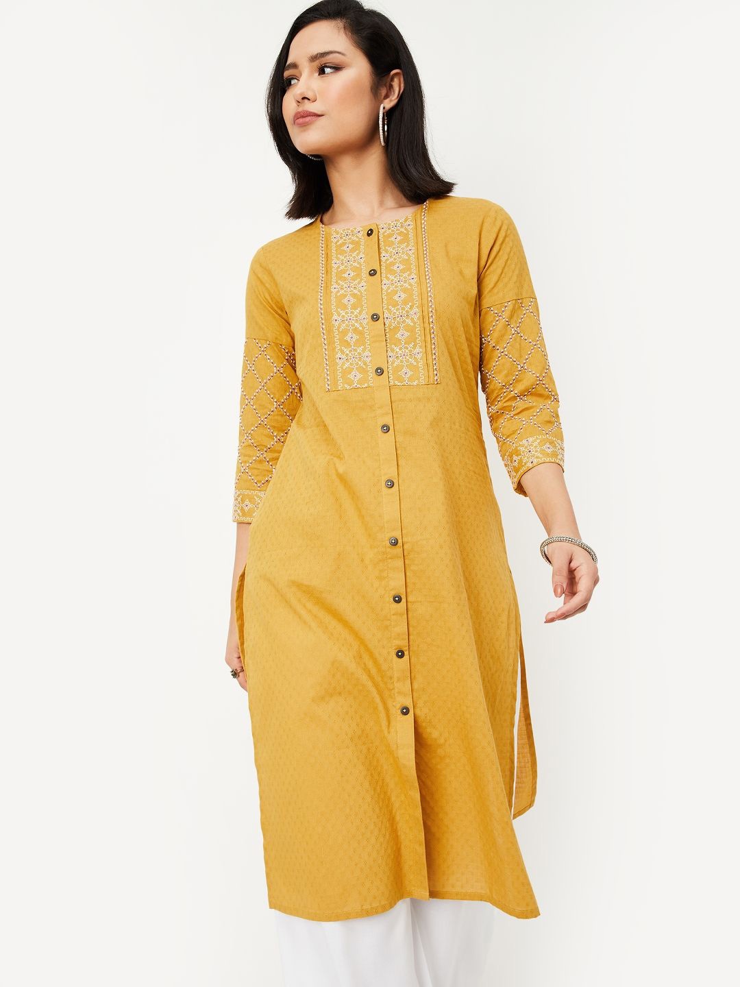 

max Floral Embroidered High Slit Band Collar Straight Kurta, Yellow