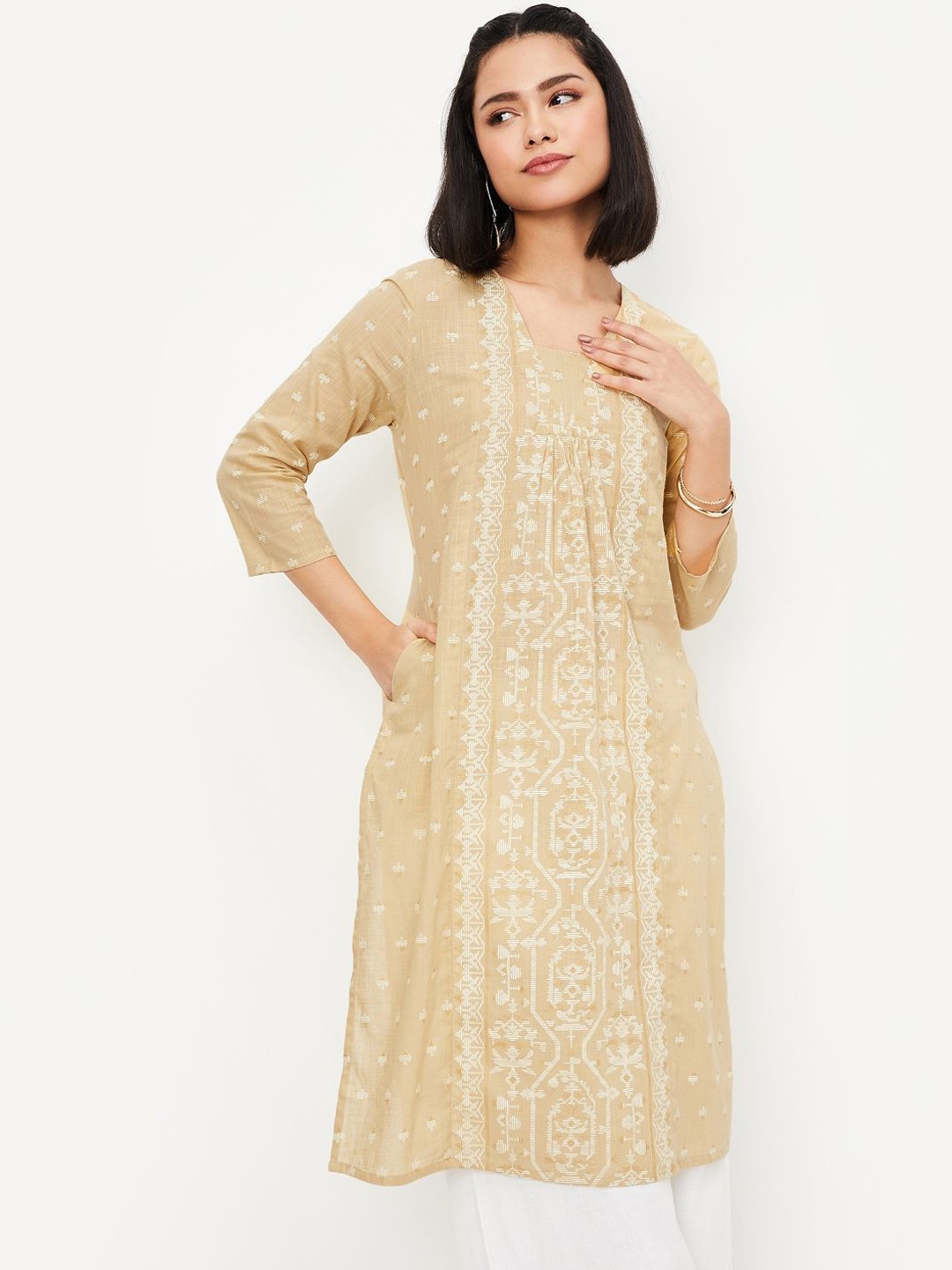 

max Ethnic Motifs Woven Design Pleated Square Neck Straight Kurta, Beige