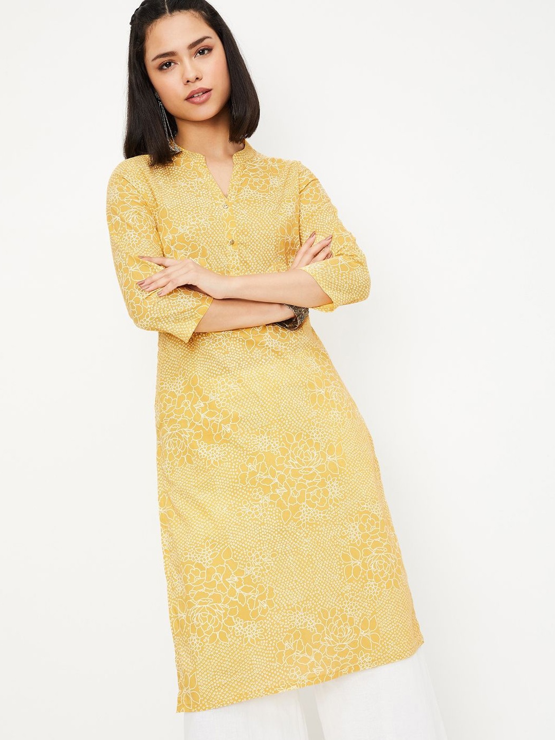 max Floral Printed Mandarin Collar Straight Kurta, Yellow