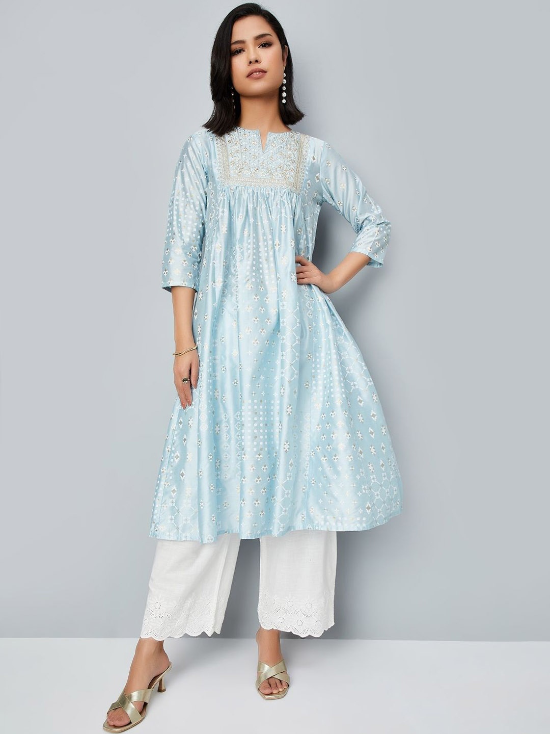 

max Ethnic Motifs Printed Empire Notch Neck Embroidered Anarkali Kurta, Blue