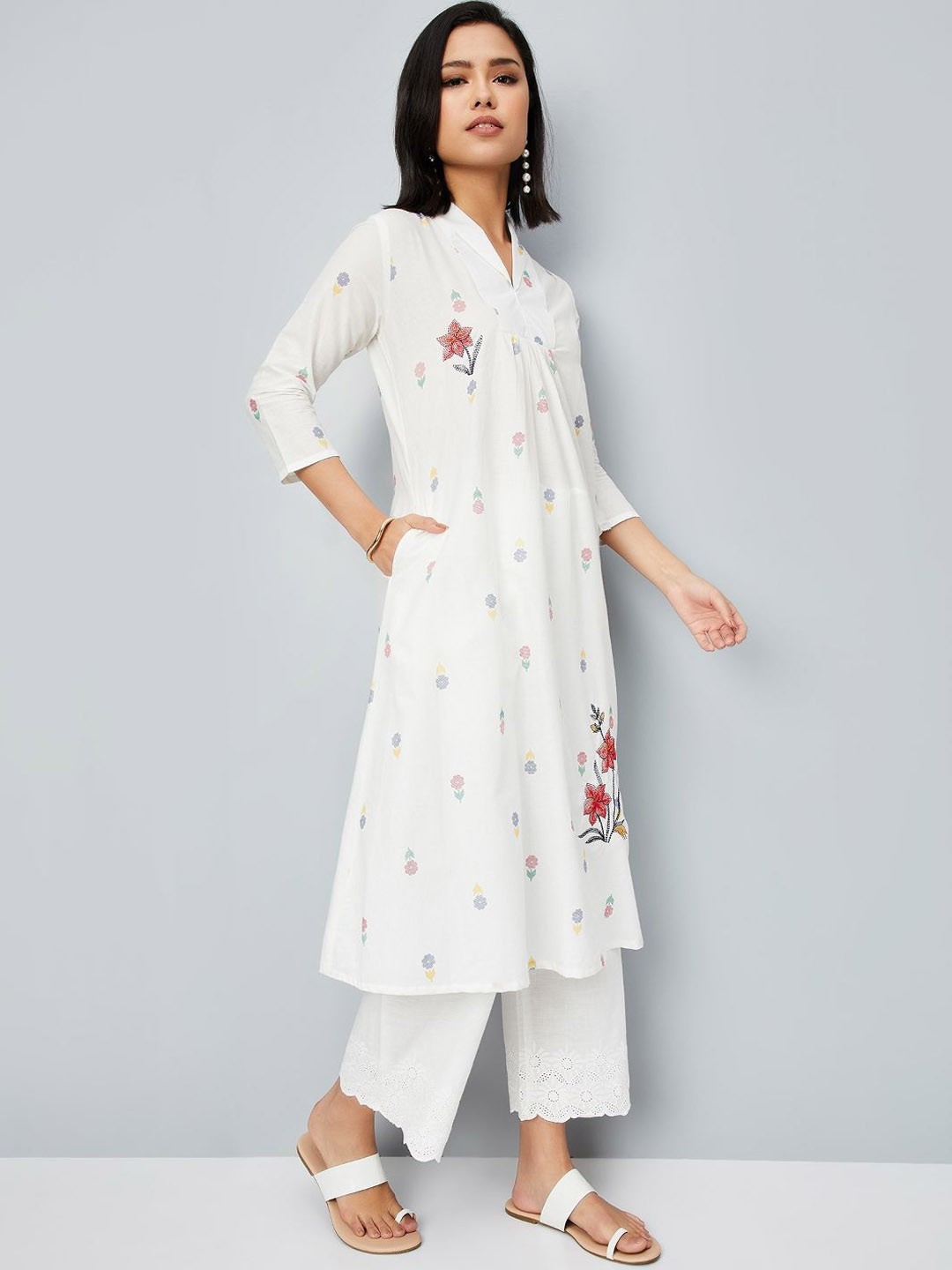 

max Floral Printed Pleated Shawl Neck A-Line Kurta, Off white