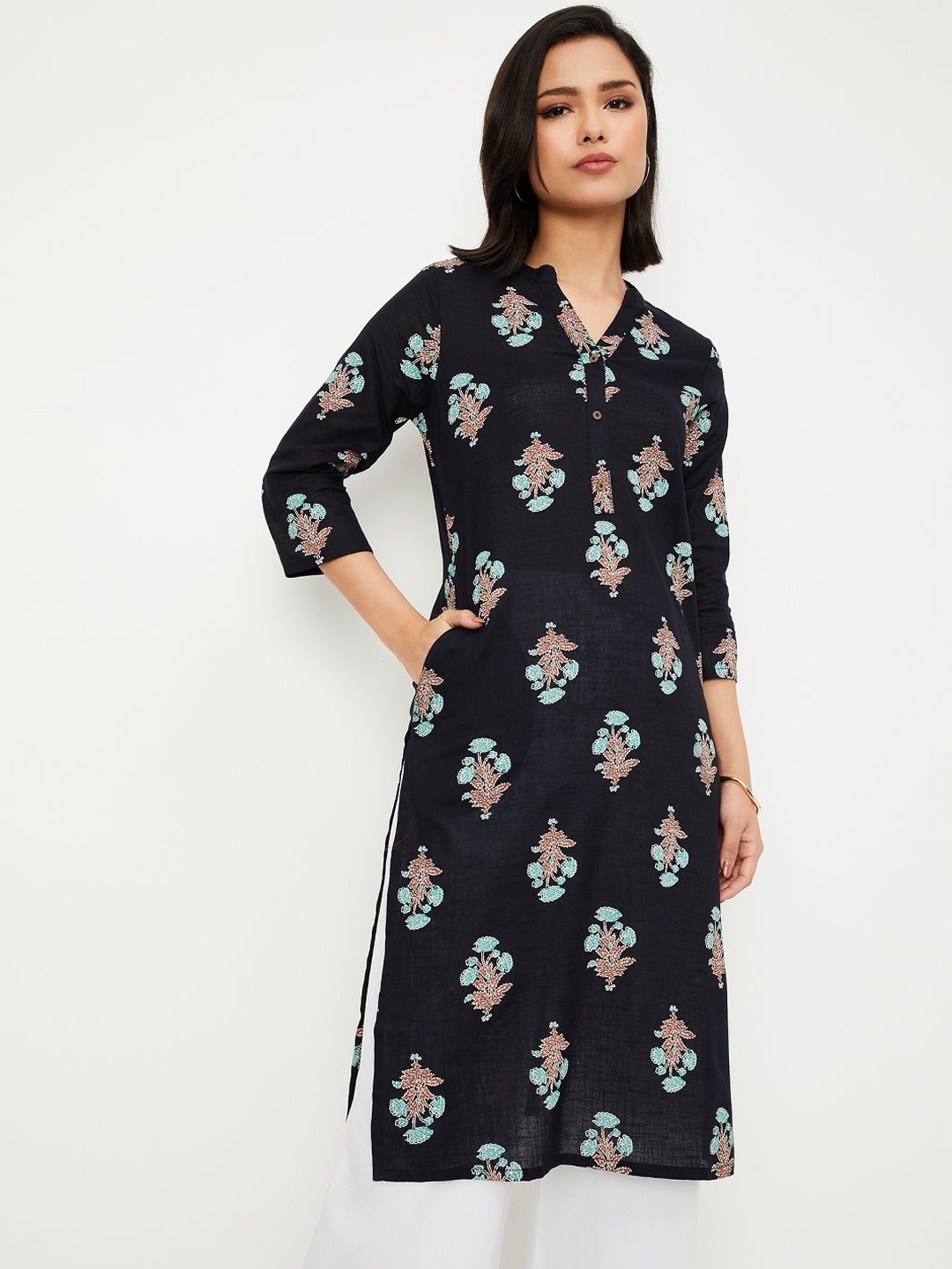 

max Floral Printed Mandarin Collar Straight Kurta, Black
