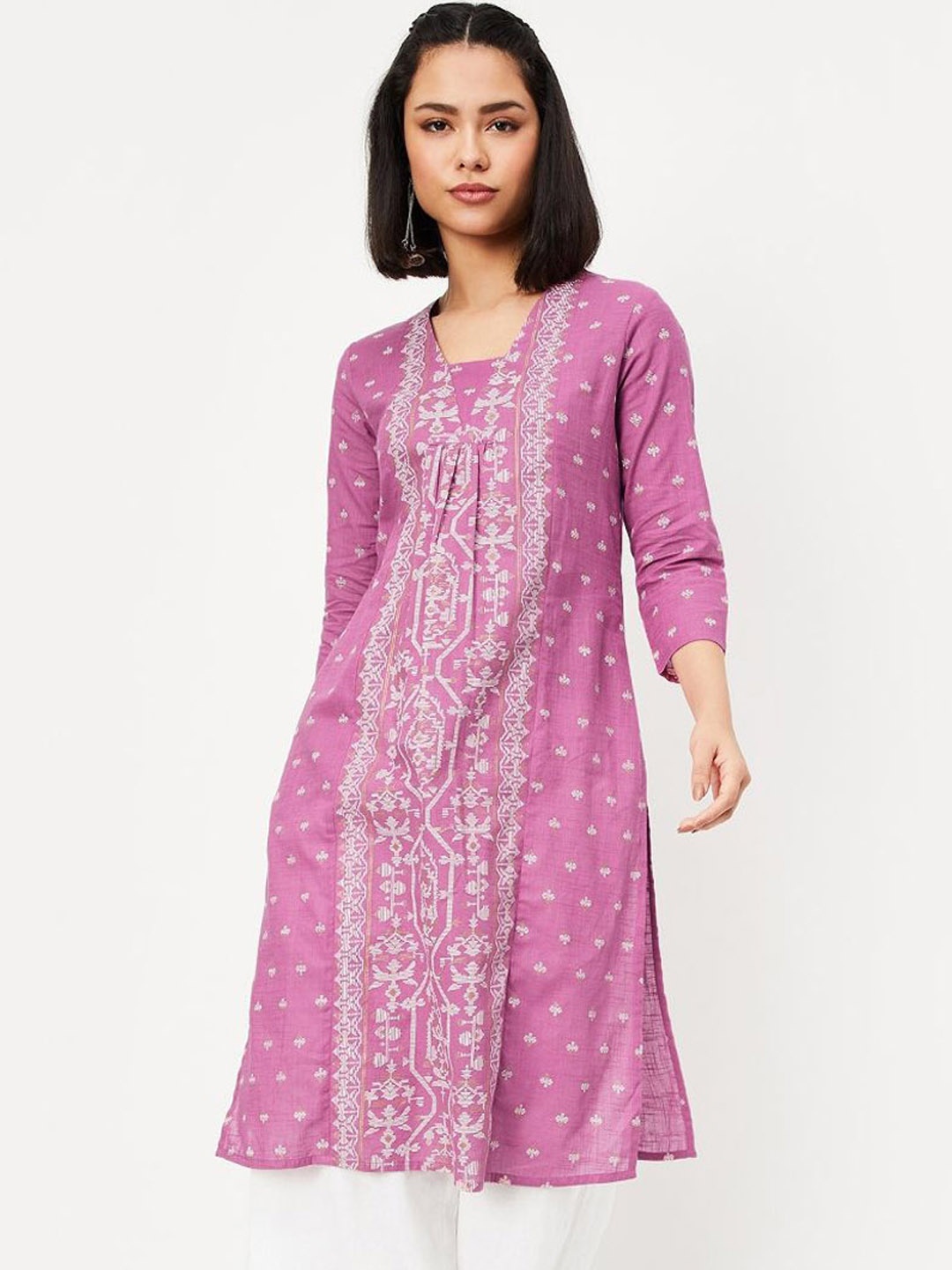 

max Ethnic Motifs Woven Design Pleated V-Neck Straight Kurta, Purple