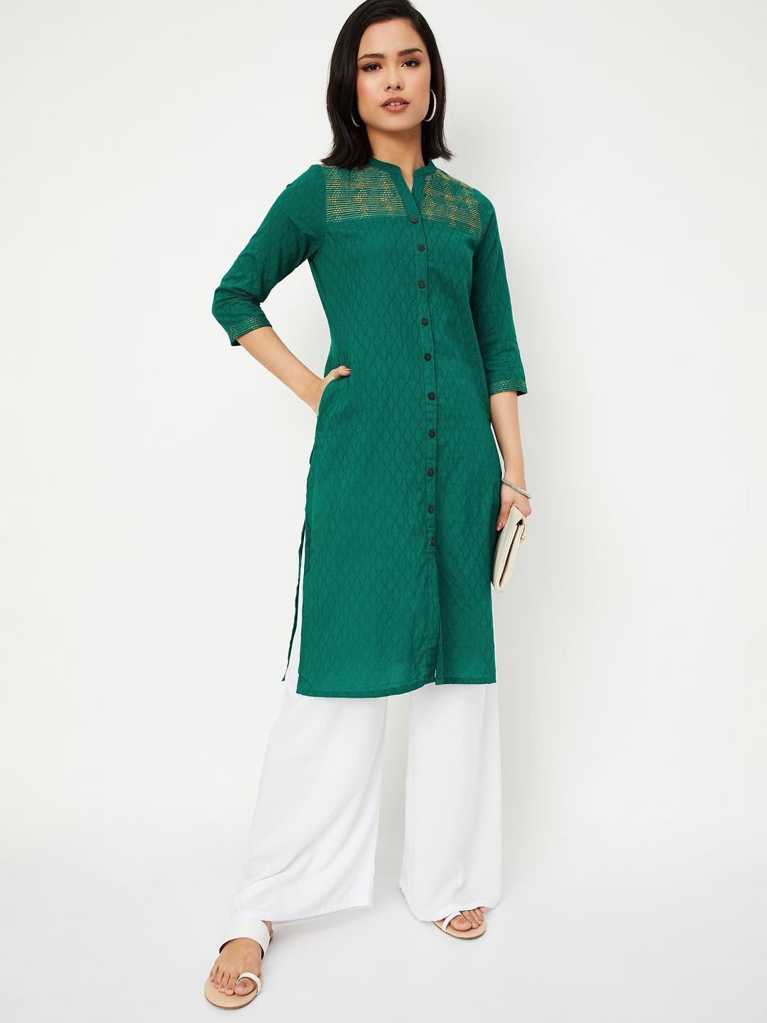 

max Geometric Woven Design High Slit Mandarin Collar Embroidered Straight Kurta, Teal