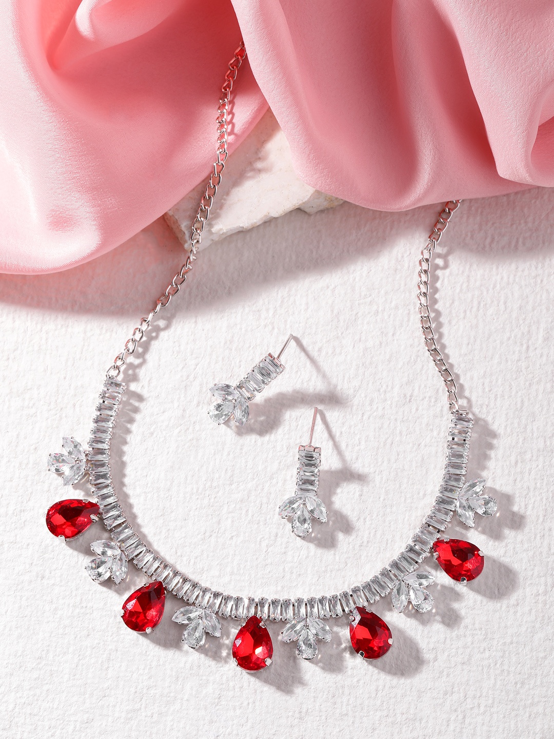 

MANSIYAORANGE Rhodium Plated Crystal AD Gemstone-Studded Jewellery Set, Red