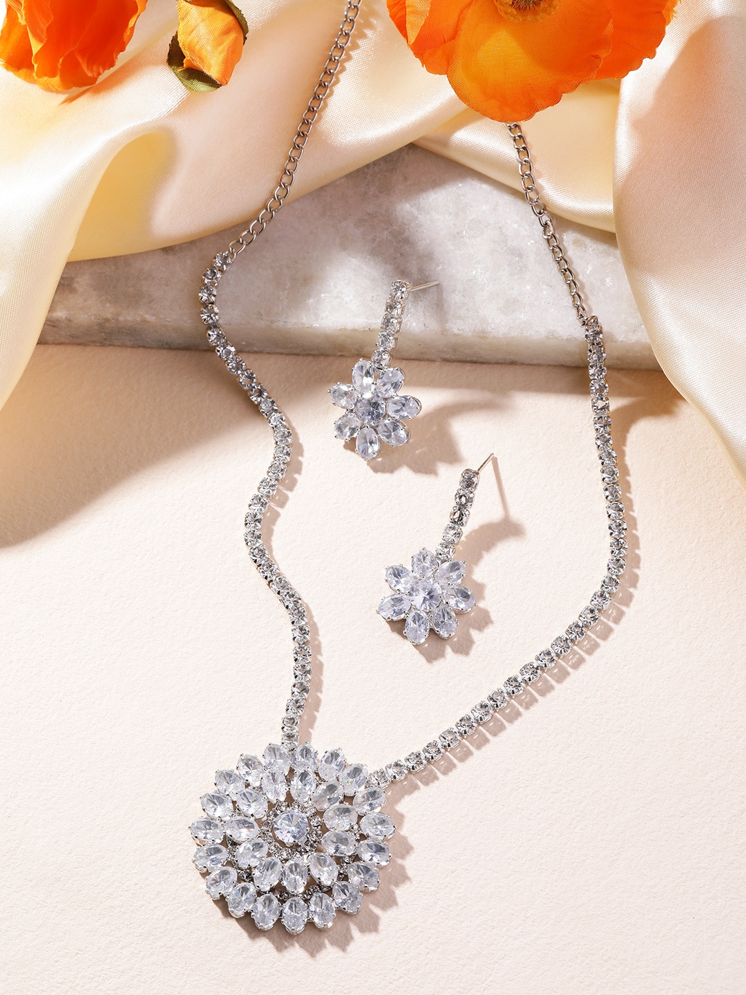 

MANSIYAORANGE Rhodium Plated Crystal AD Gemstone-Studded Jewellery Set, White