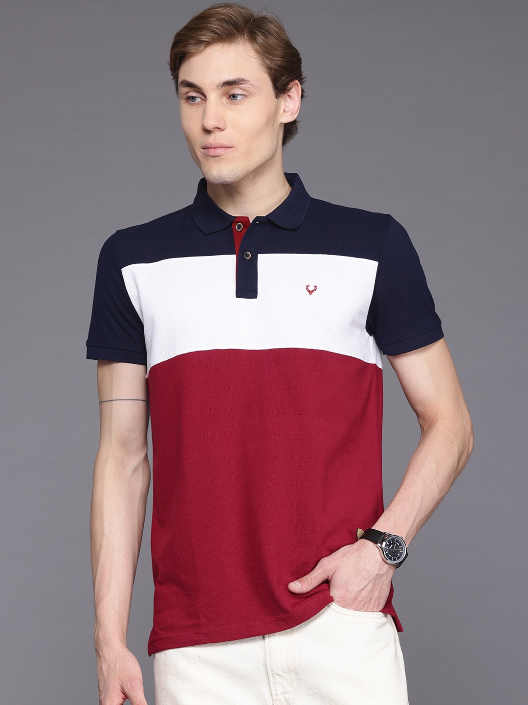 

Allen Solly Colourblocked Polo Collar Regular Fit T-shirt with Hem Slits, Red