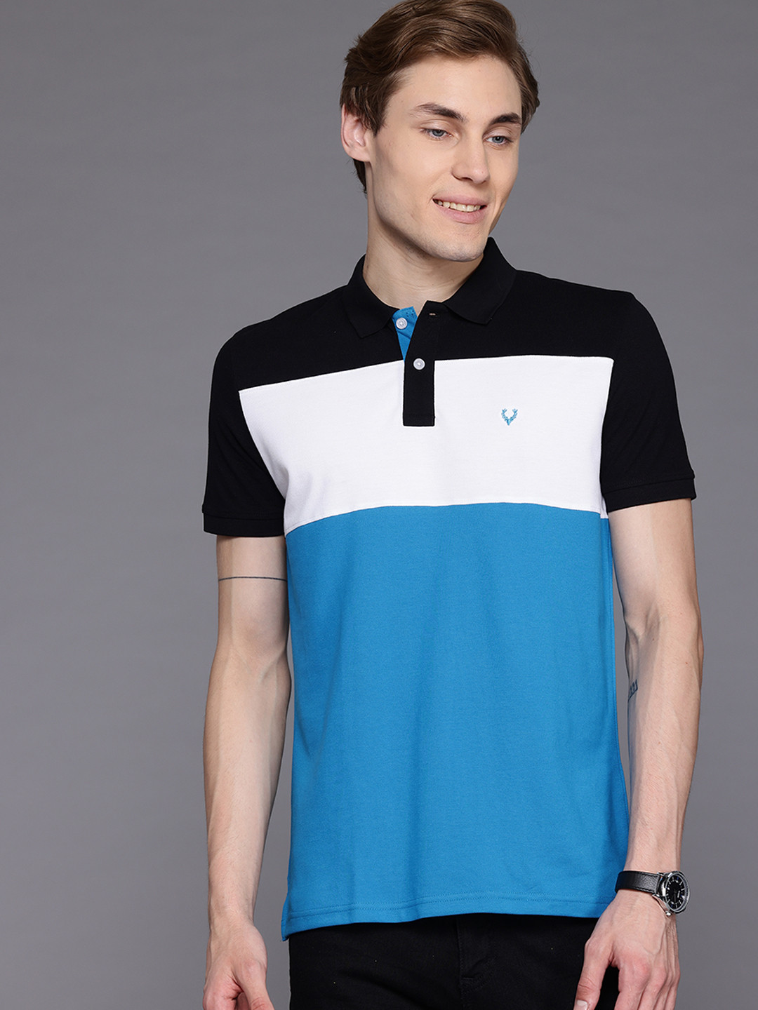 

Allen Solly Colourblocked Polo Collar Regular Fit T-shirt with Hem Slits, Blue