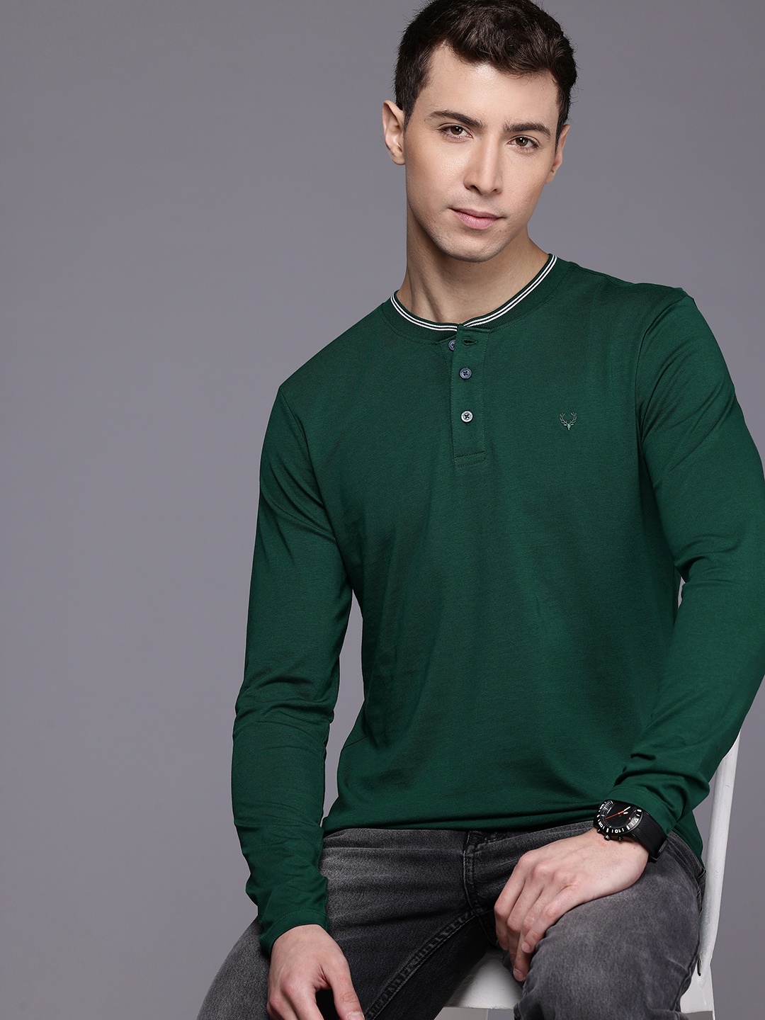 

Allen Solly Henley Neck Pure Cotton Slim Fit T-shirt, Green