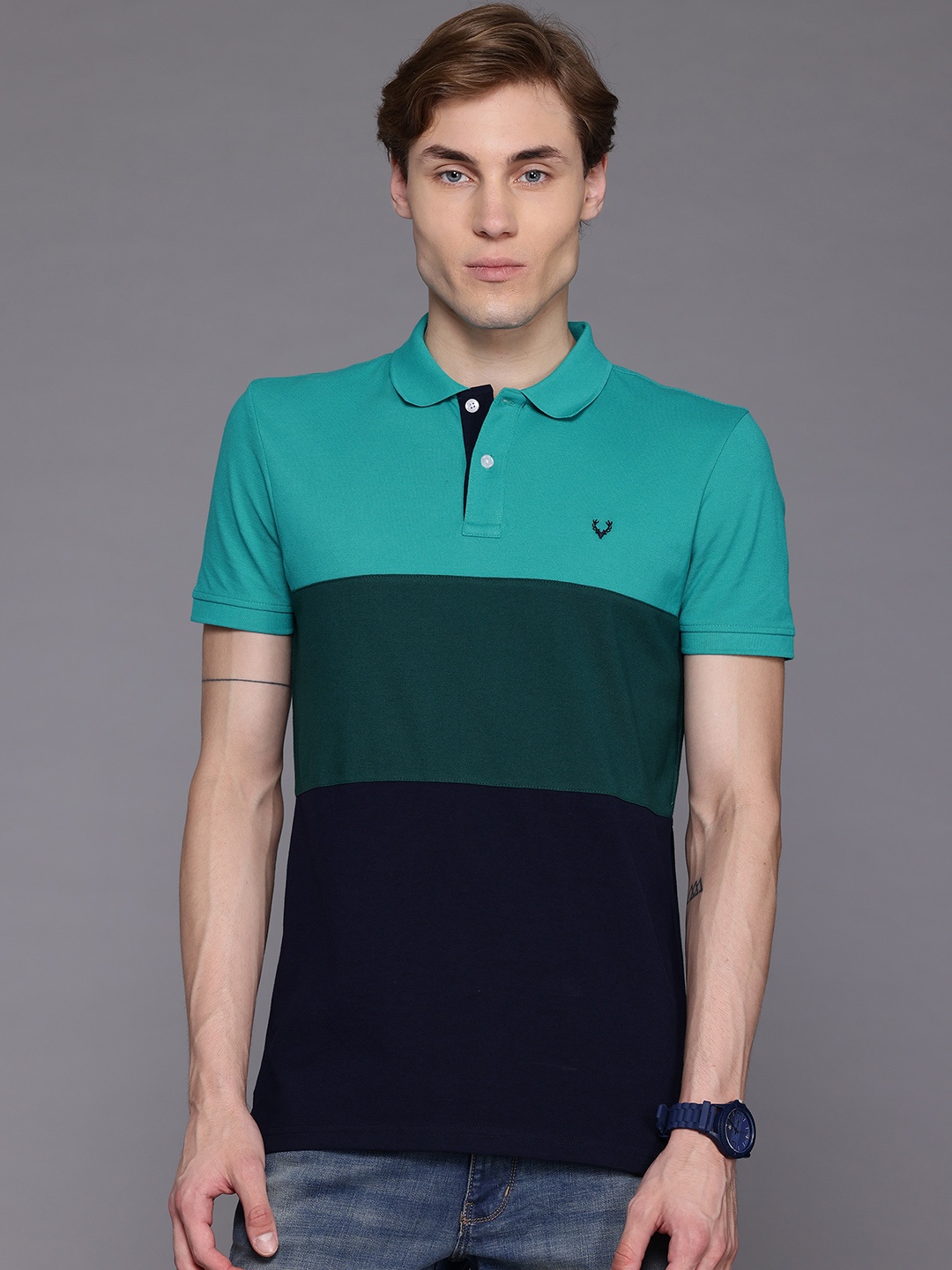 

Allen Solly Colourblocked Polo Collar Regular Fit T-shirt with Hem Slits, Green