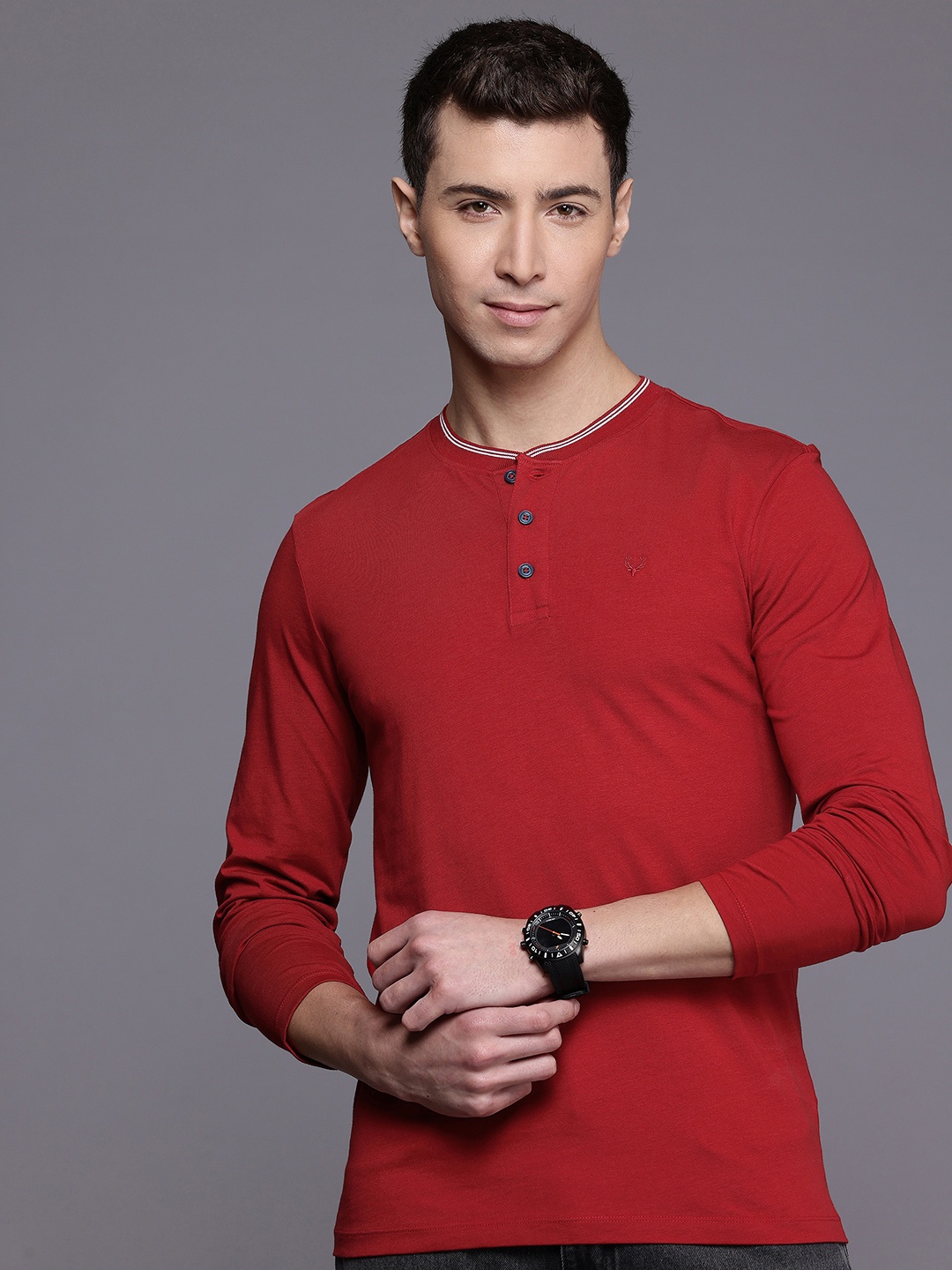 

Allen Solly Henley Neck Pure Cotton Slim Fit T-shirt, Red