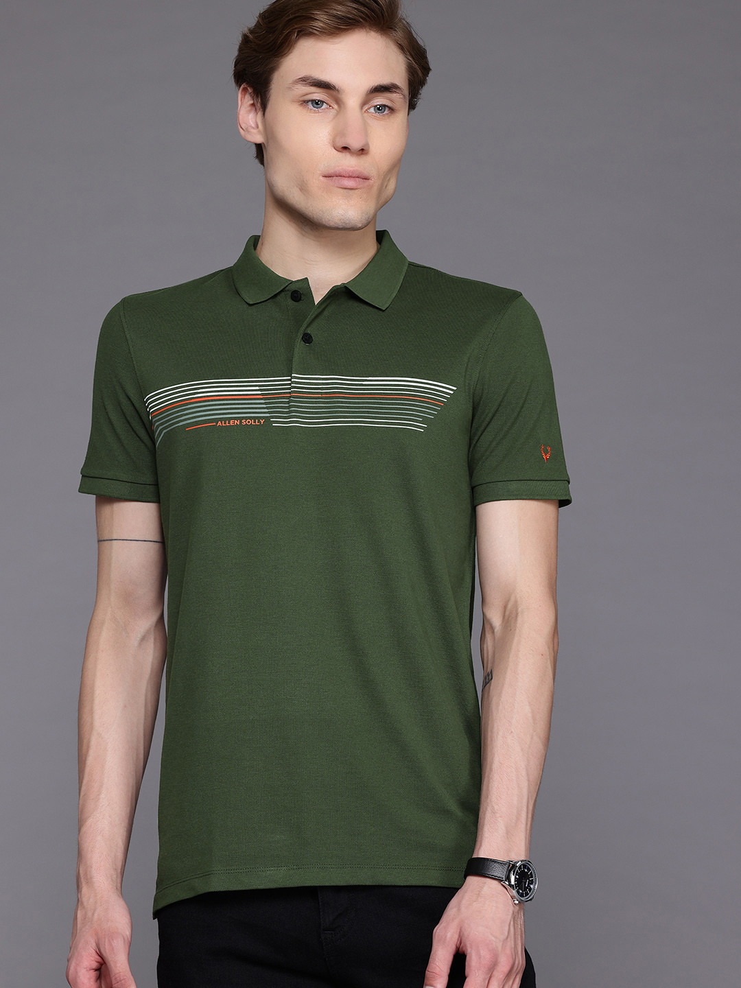 

Allen Solly Men Striped Polo Collar T-shirt, Olive
