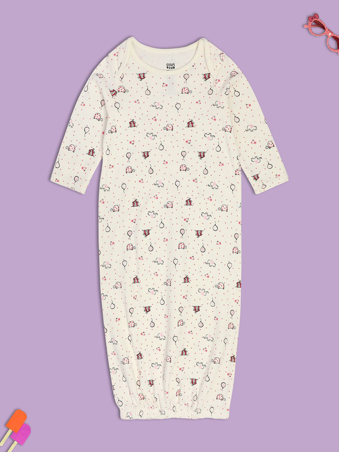 

MINI KLUB Girls Printed Pure Cotton Nightdress, Off white