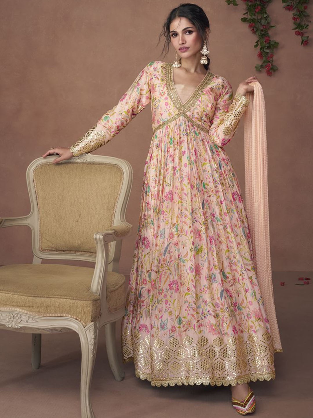 

ASISA Floral Printed Sequinnce Embellished Empire Style V Neck Anarkali Kurta With Dupatta, Pink