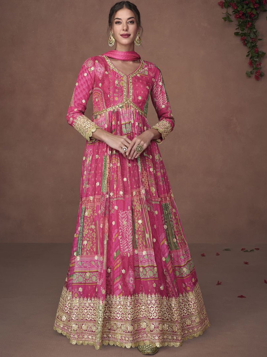 

ASISA Ethnic Motifs Printed Sequinnce Embellished Empire Style Anarkali Kurta With Dupatta, Magenta