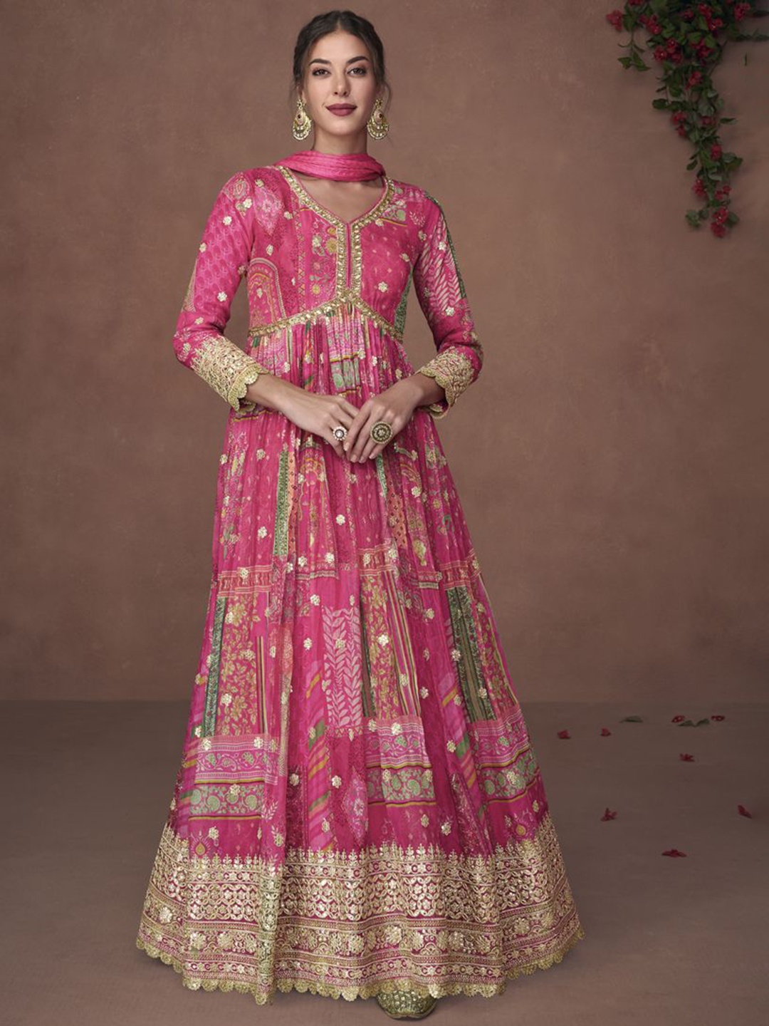 

ASISA Ethnic Motifs Printed Sequinnce Embellished Empire Style Anarkali Kurta With Dupatta, Magenta