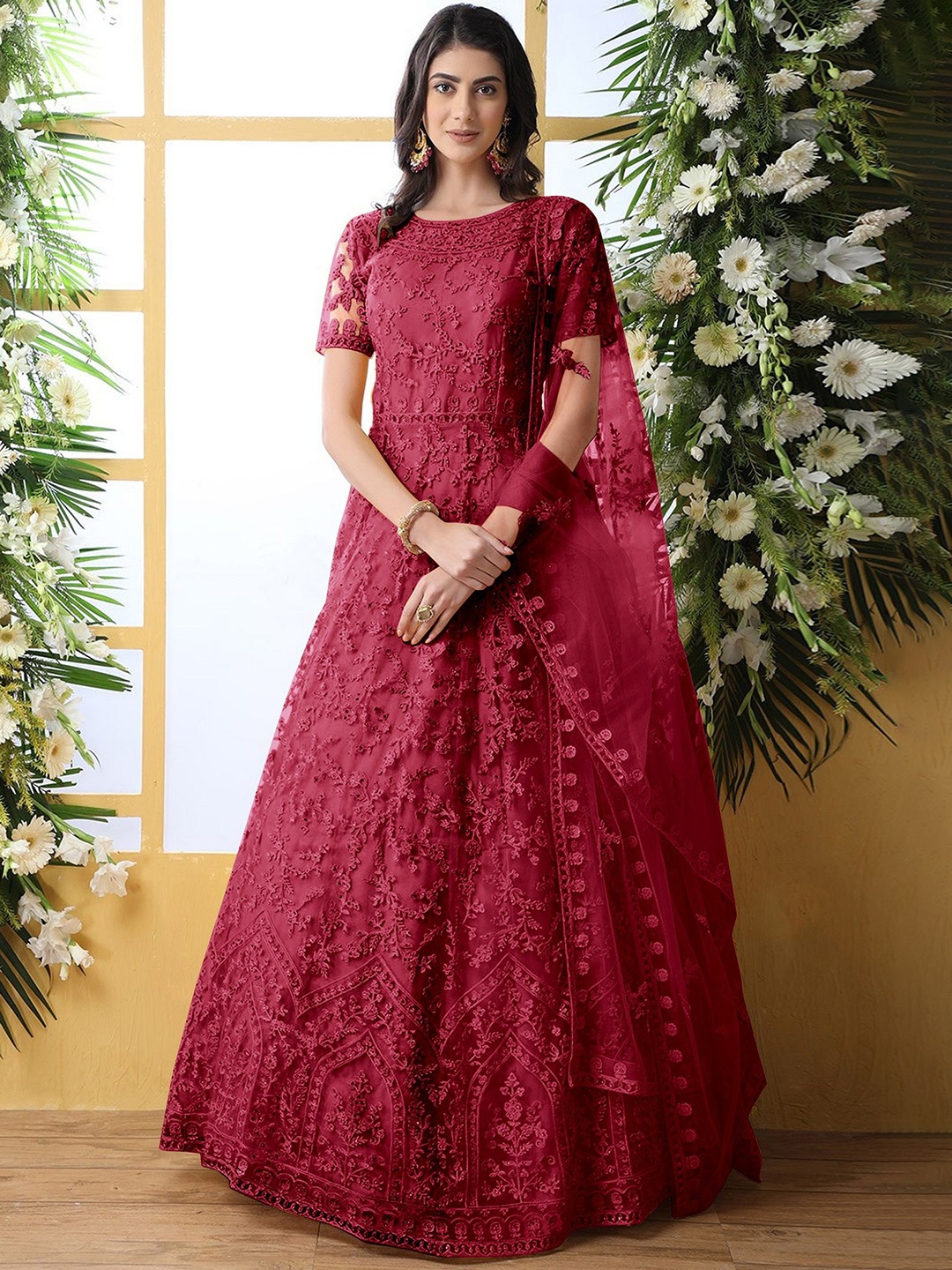 

A TO Z CART Embroidered Net Semi-Stitched Fit & Flare Maxi Dress, Maroon