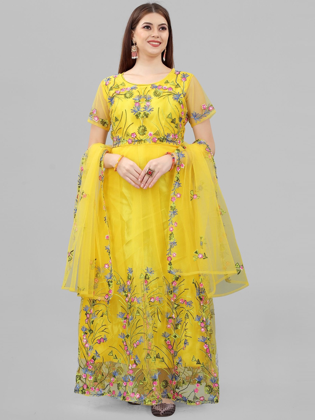 

A TO Z CART Floral Embroidered Net Fit & Flare Maxi Dress, Yellow