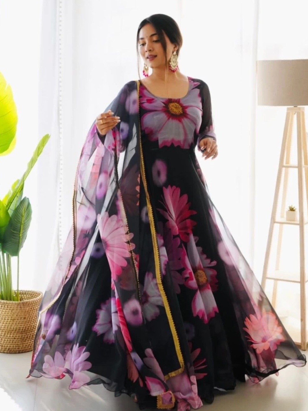 A TO Z CART Women Floral Printed Georgette Gown Maxi Dress, Black