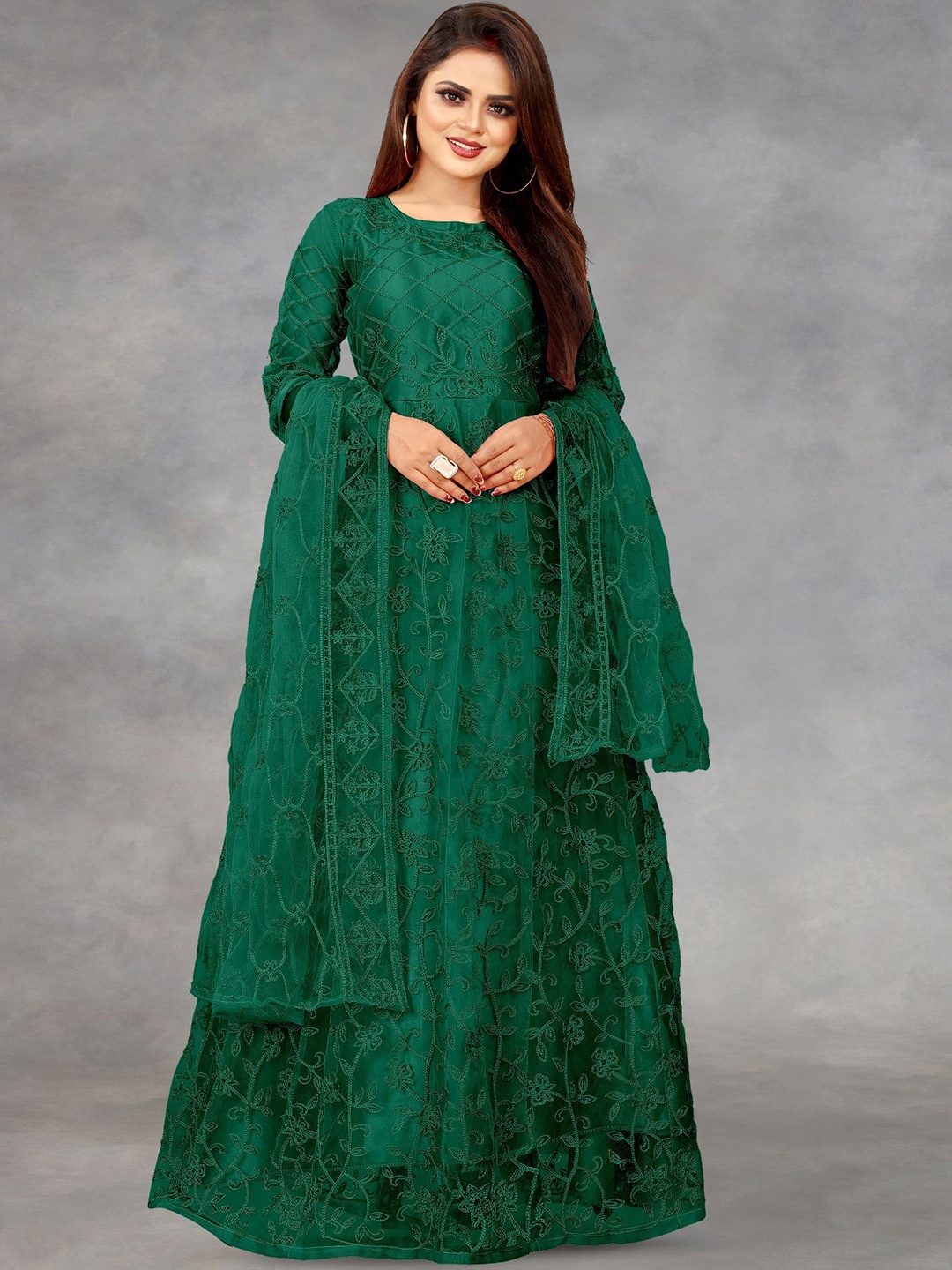 

A TO Z CART Embroidered Net Fit & Flare Maxi Dress, Green