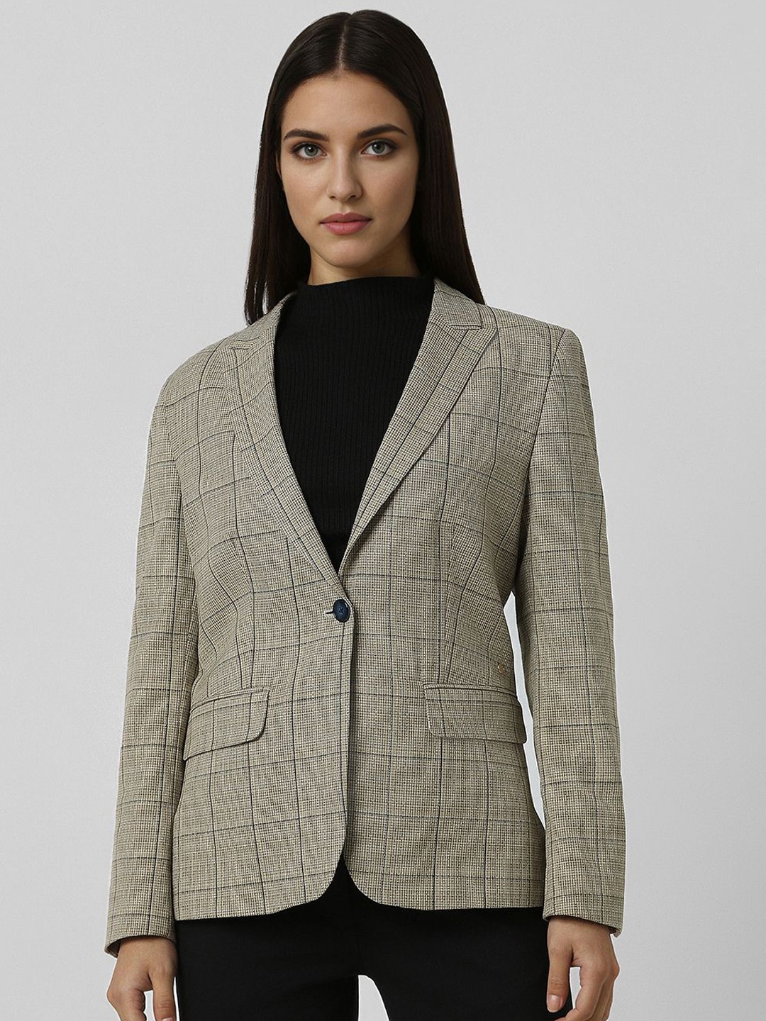 

Van Heusen Women Checked Single Breasted Formal Blazer, Beige