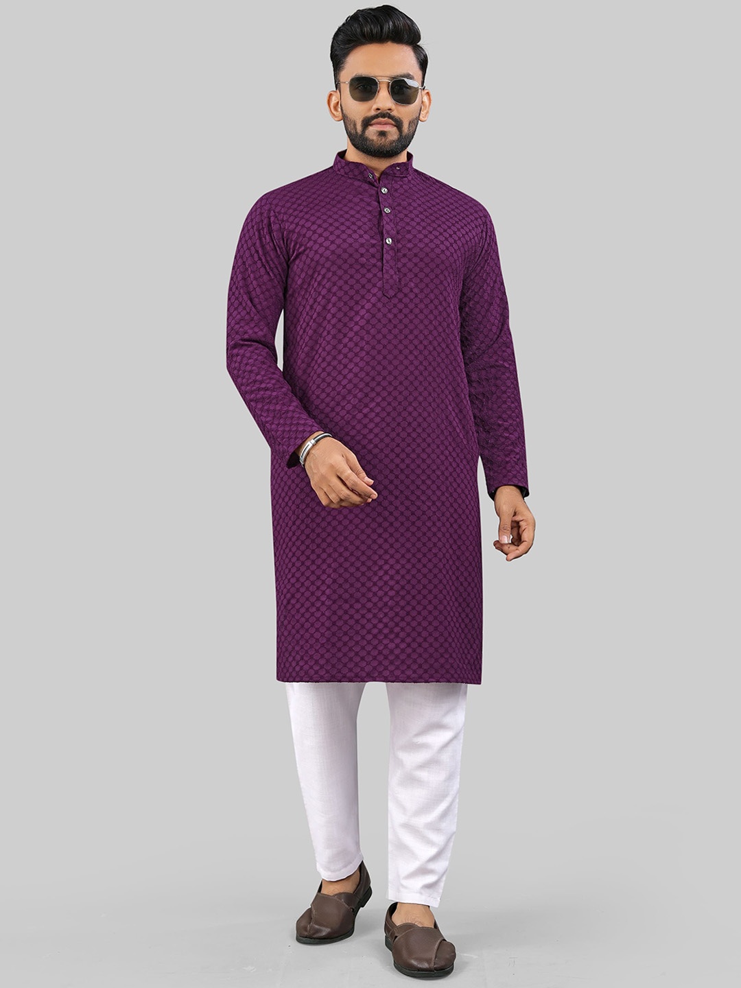 LADY BERRY Geometric Thread Work Mandarin Collar Straight Kurta, Purple
