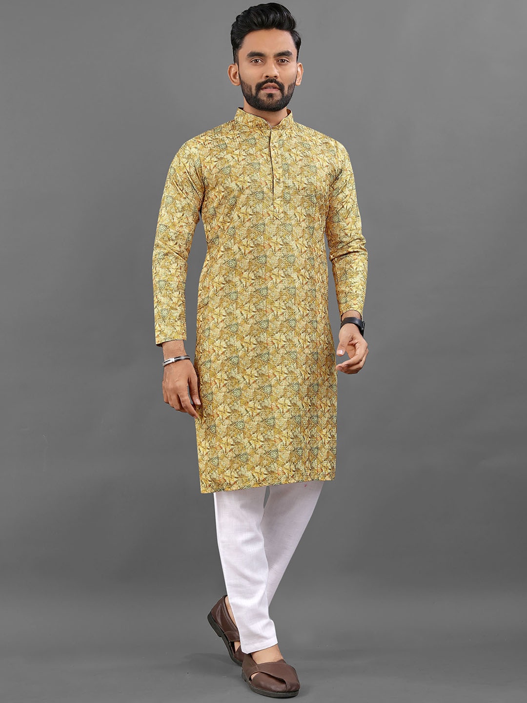 

LADY BERRY Geometric Printed Mandarin Collar Straight Kurta, Yellow