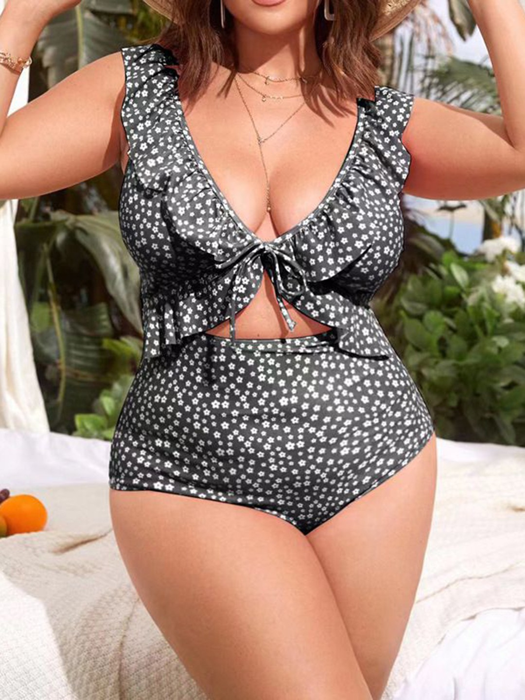 

Plus Curvves Women Plus Size Ditsy Floral Ruffle Trim Knot Front One Piece Swimsuit, Black