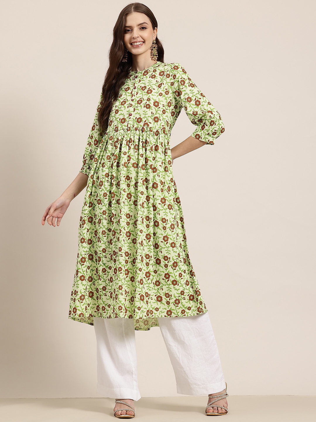 

HERE&NOW Floral Printed Mandarin Collar Kurta, Lime green