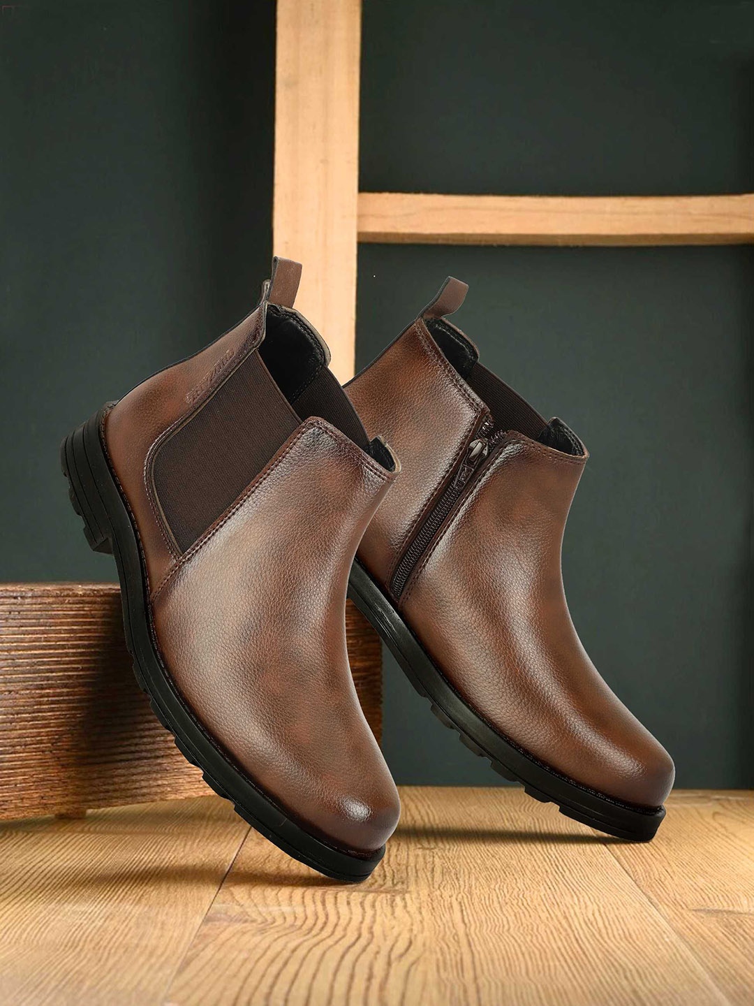 

SHOZANIA Men Round Toe Block Heel Chealsea Boots, Brown