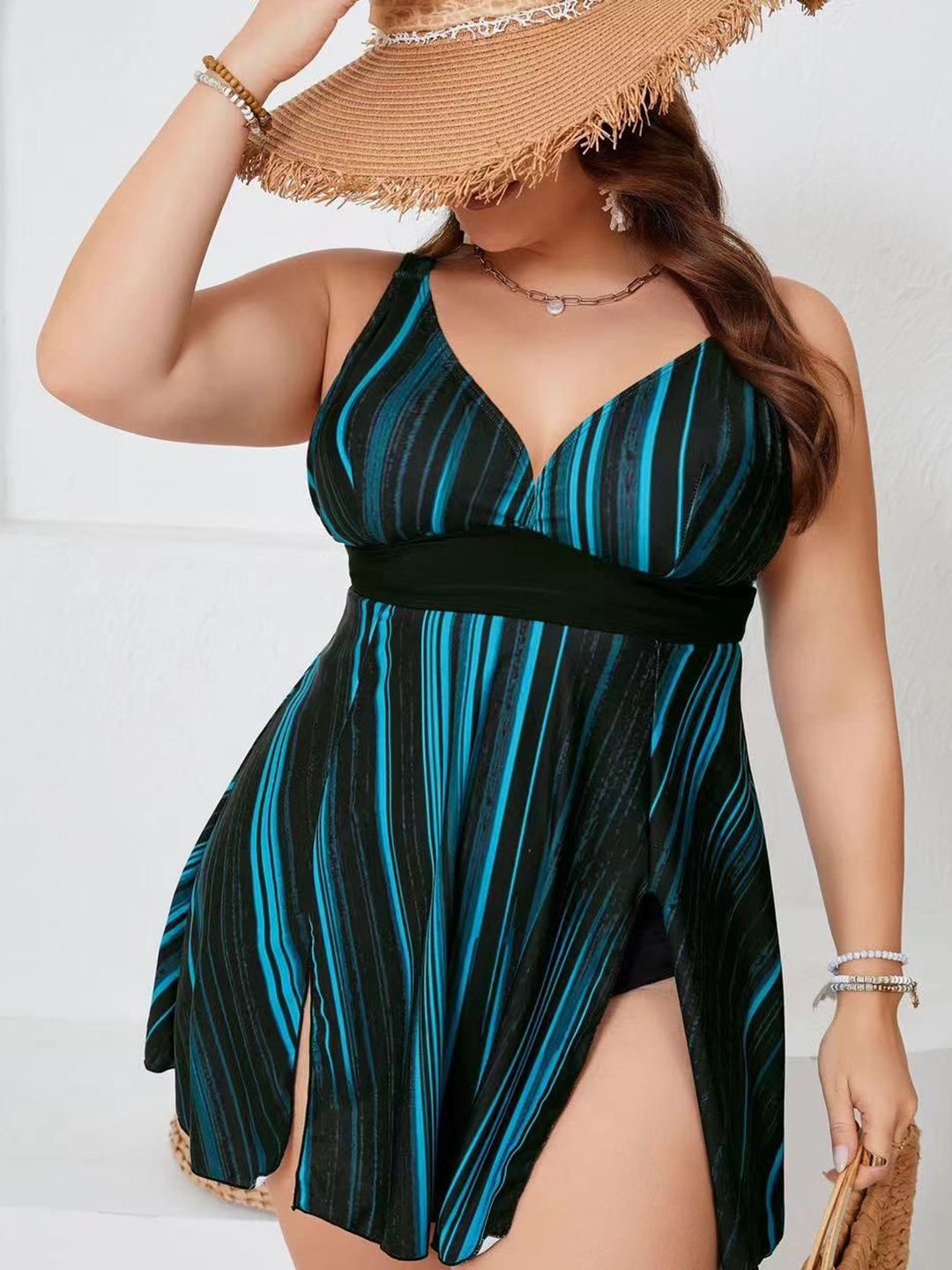 

Plus Curvves Women Plus Size Striped Shoulder Straps Swimsuit, Blue