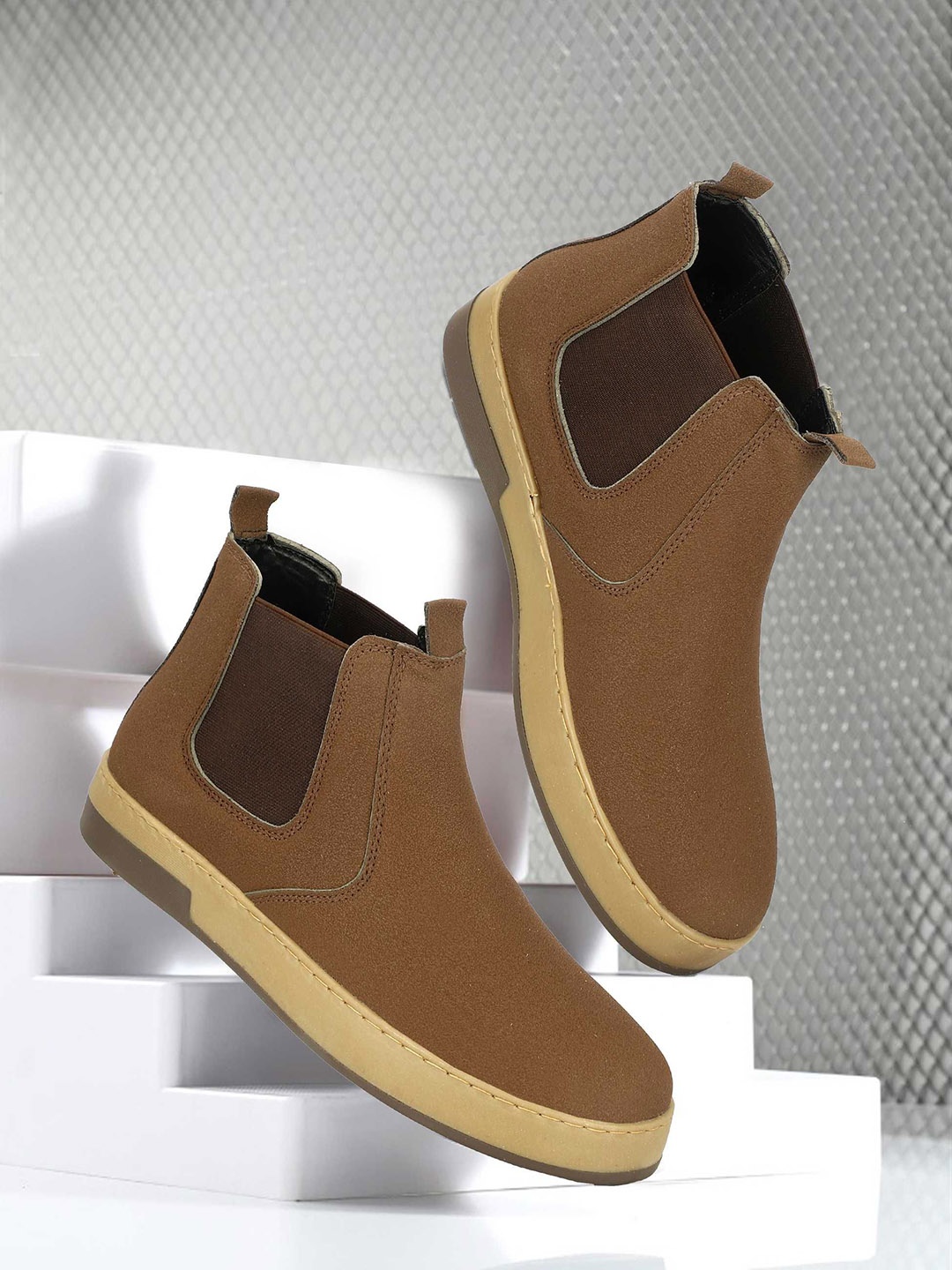 

SHOZANIA Men Round Toe Mid-Top Chelsea Boots, Brown