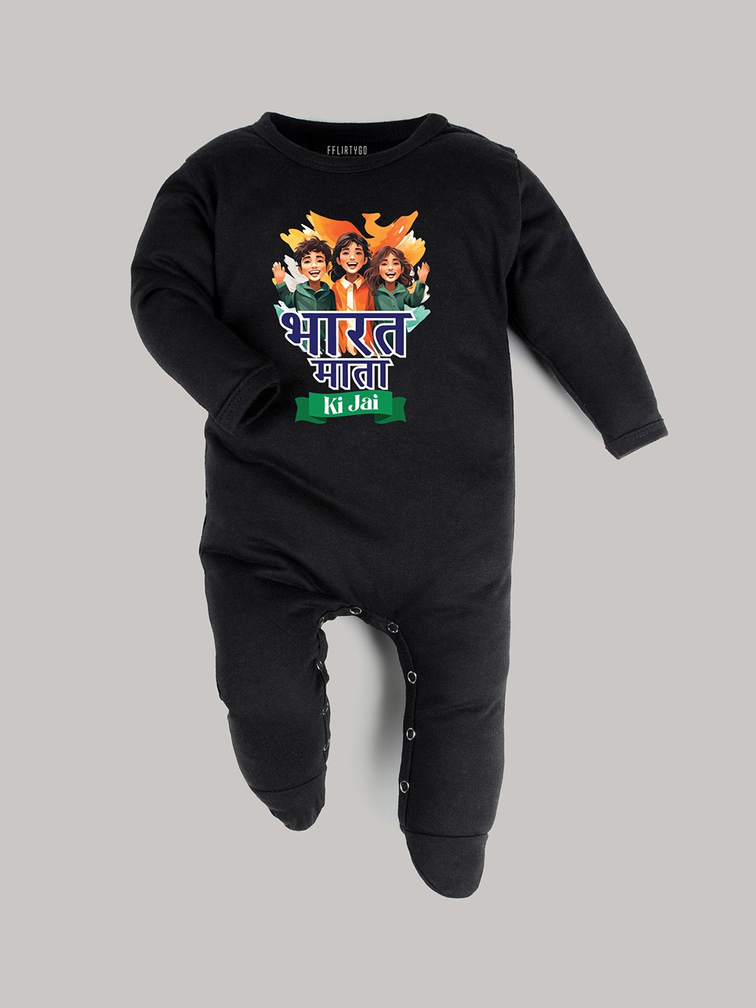 

FFLIRTYGO Kids Republic day Printed Round Neck Cotton Rompers, Black