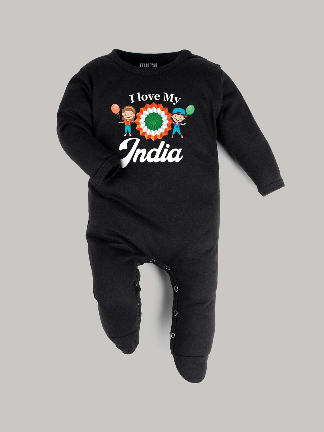 

FFLIRTYGO Kids Printed Round Neck Cotton Rompers, Black