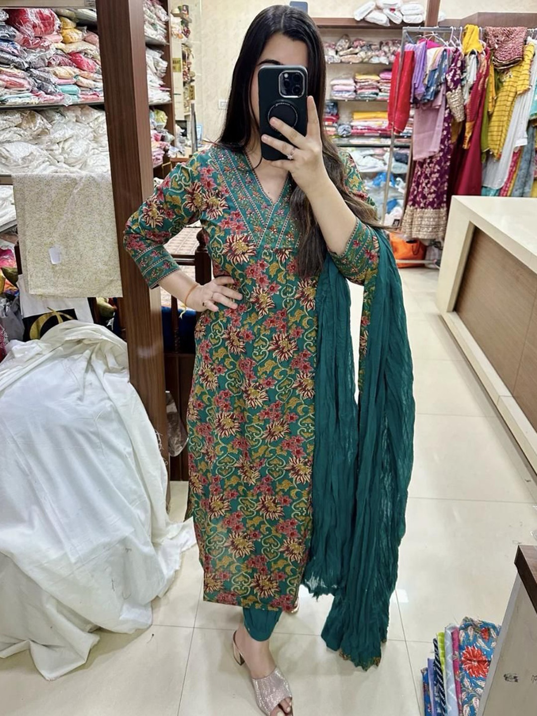 

Anni Designer Floral Printed V-Neck Straight Kurta With Trouser And Dupatta, Green