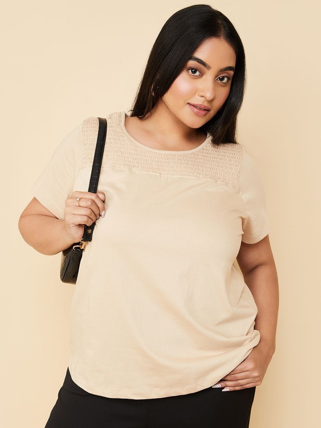 

max Women Plus Size Solid Round Neck Cotton T-shirt, Beige