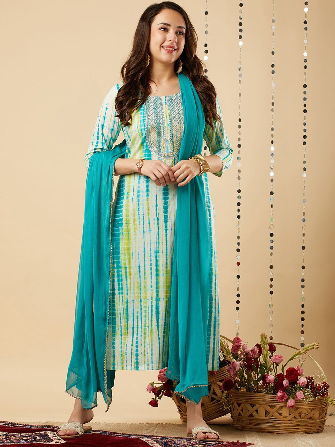 

Anni Designer Ombre Printed Round Neck Straight Kurta With Trousers & Dupatta, Turquoise blue